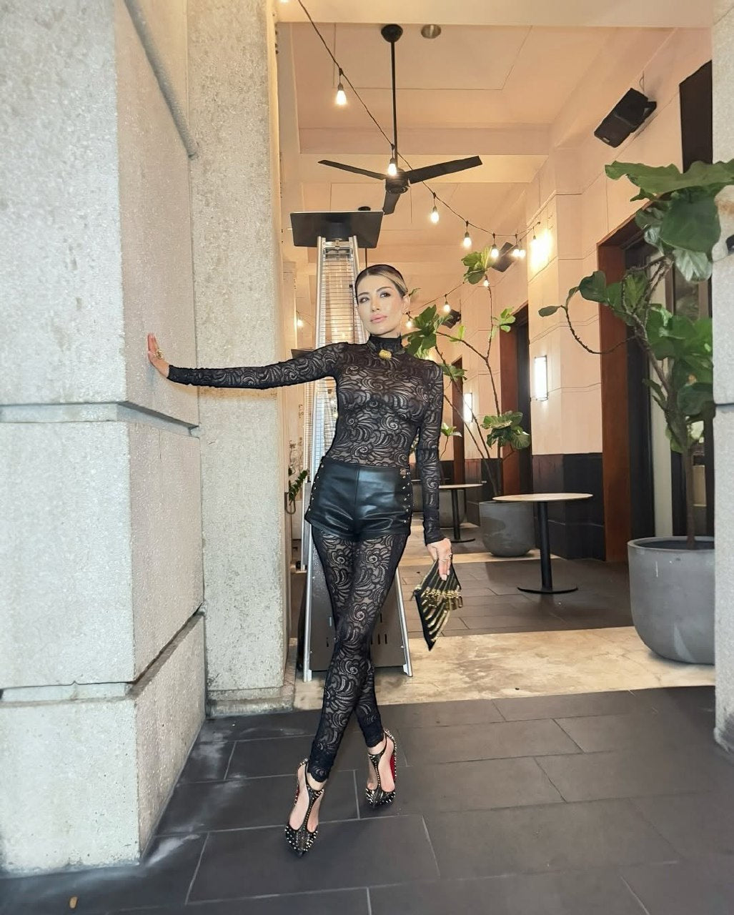 Black Floral Lace Long Sleeve Turtleneck Full Bodysuit