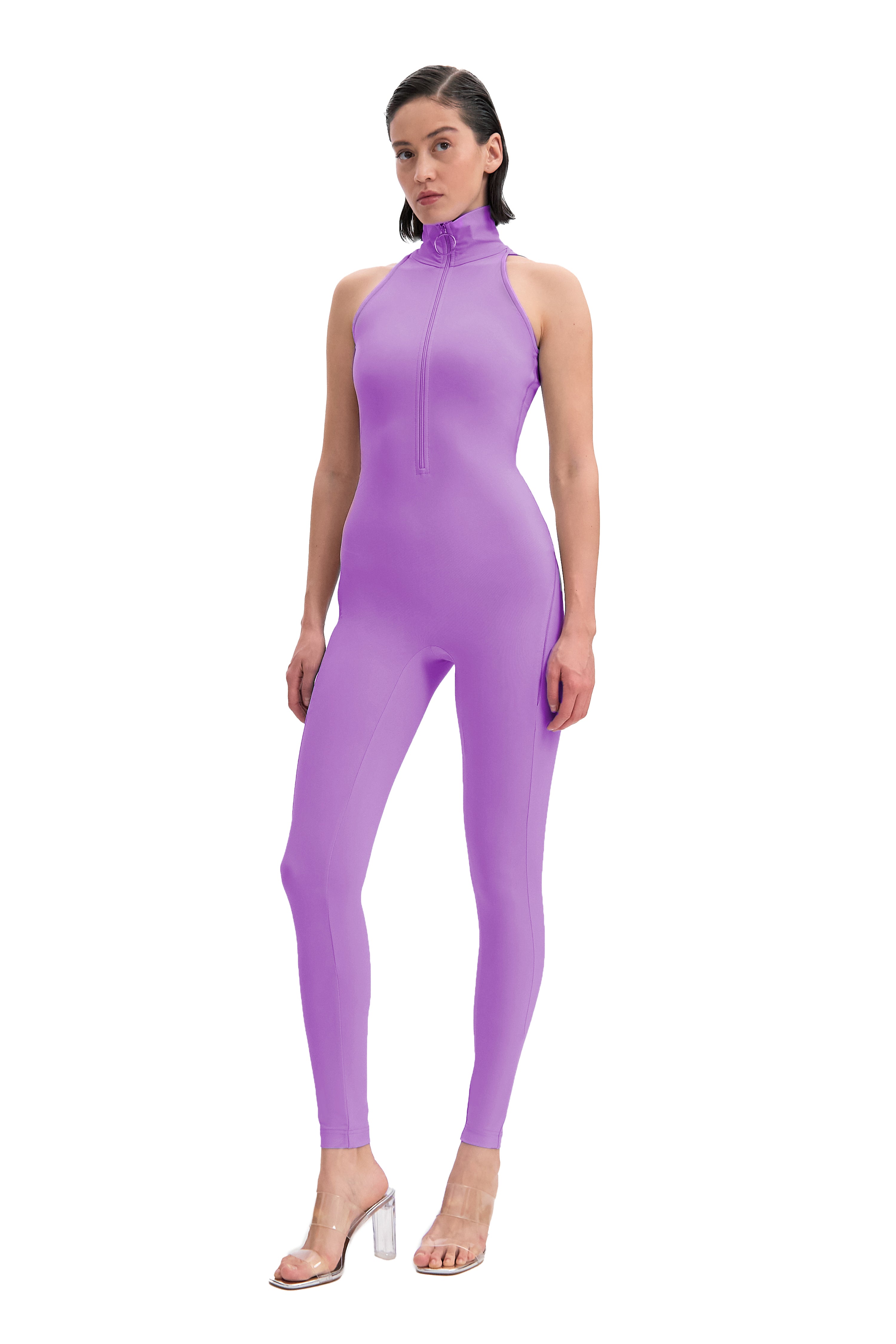 Lavender Sleeveless High Neck Zip Up Bodysuit Americana