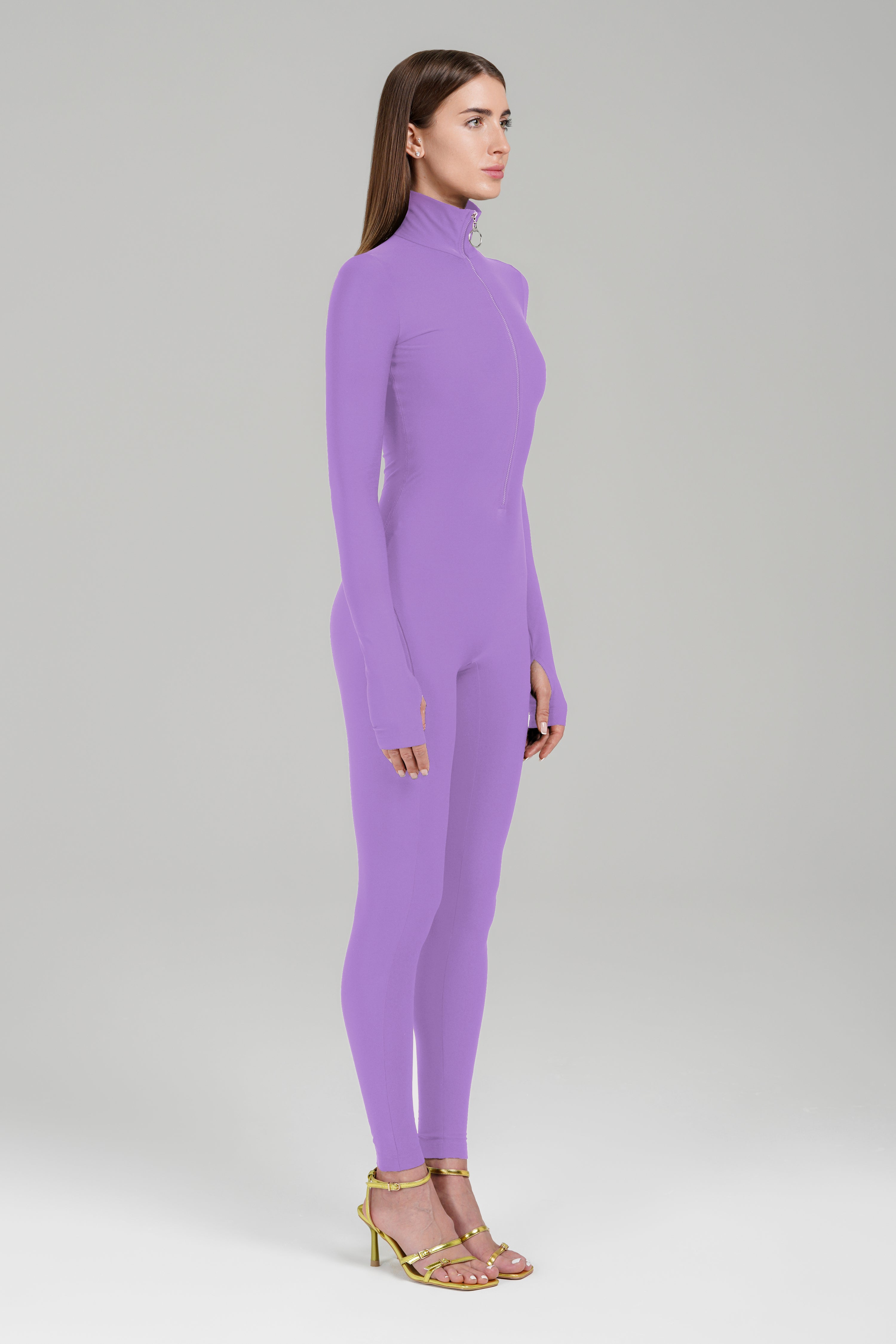 Lavender Long Sleeve Turtleneck Zip Up Full Bodysuit Total Zipper