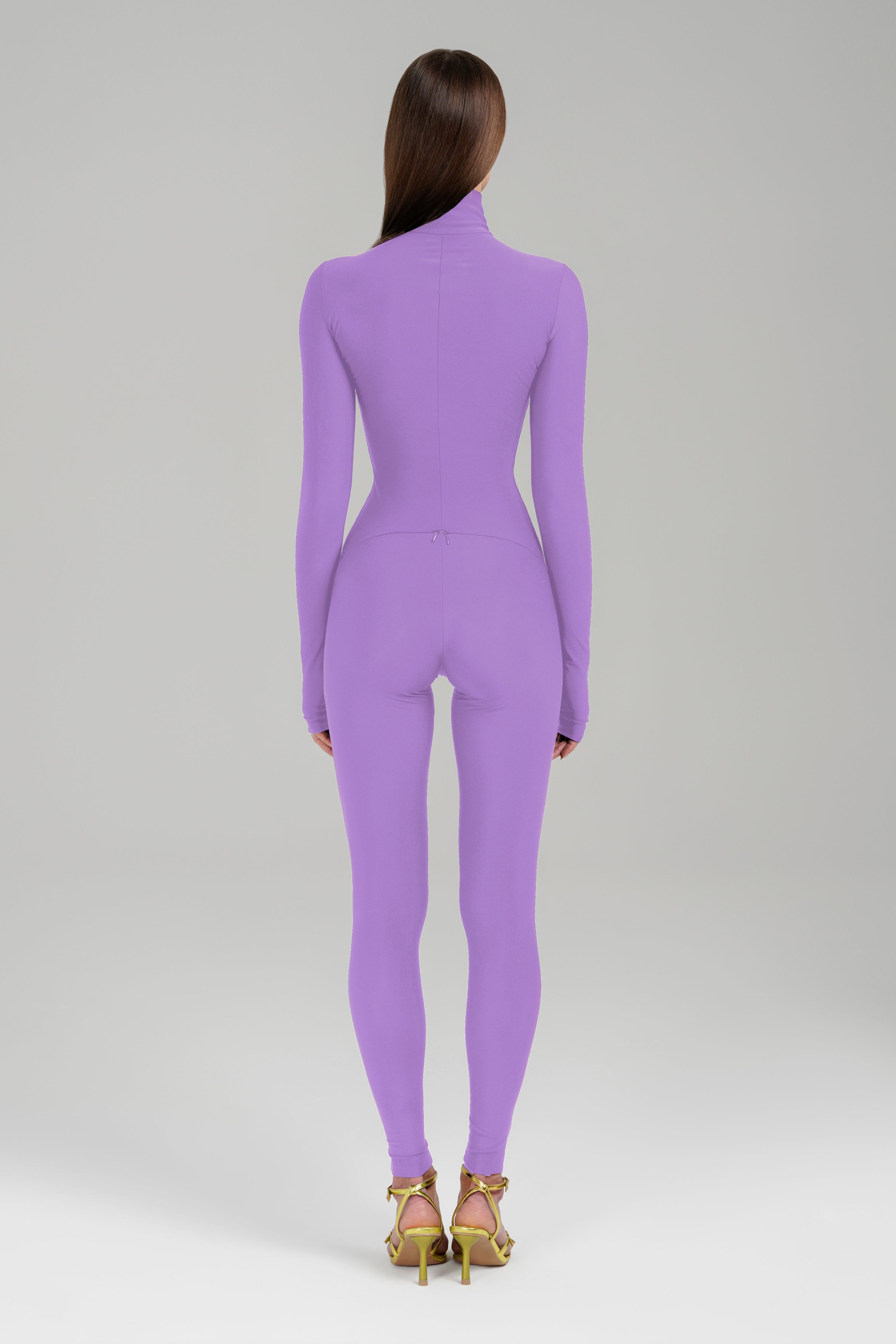 Lavender Long Sleeve Turtleneck Zip Up Full Bodysuit Total Zipper