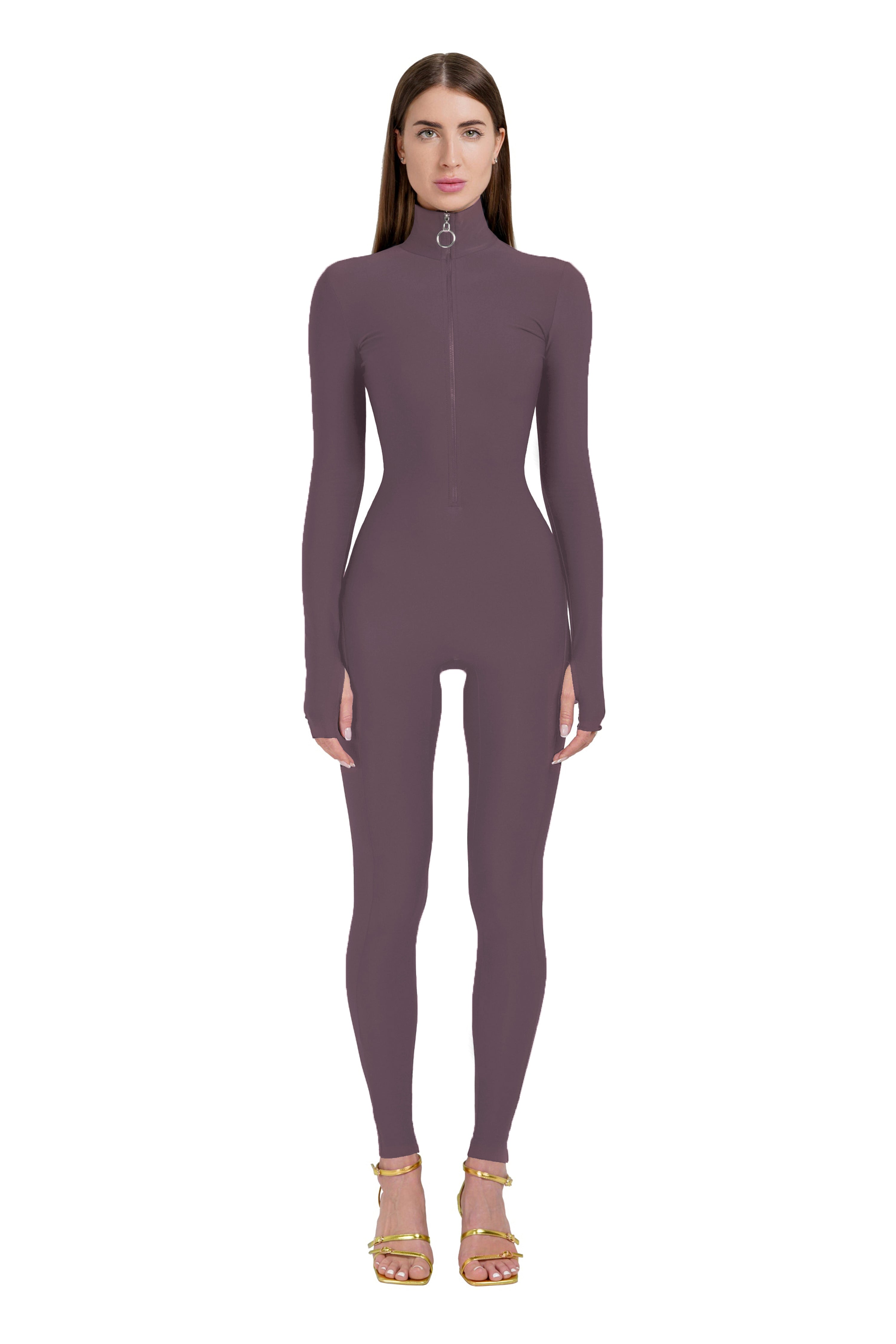 Cocoa Long Sleeve Turtleneck Zip Up Full Bodysuit Total Zipper