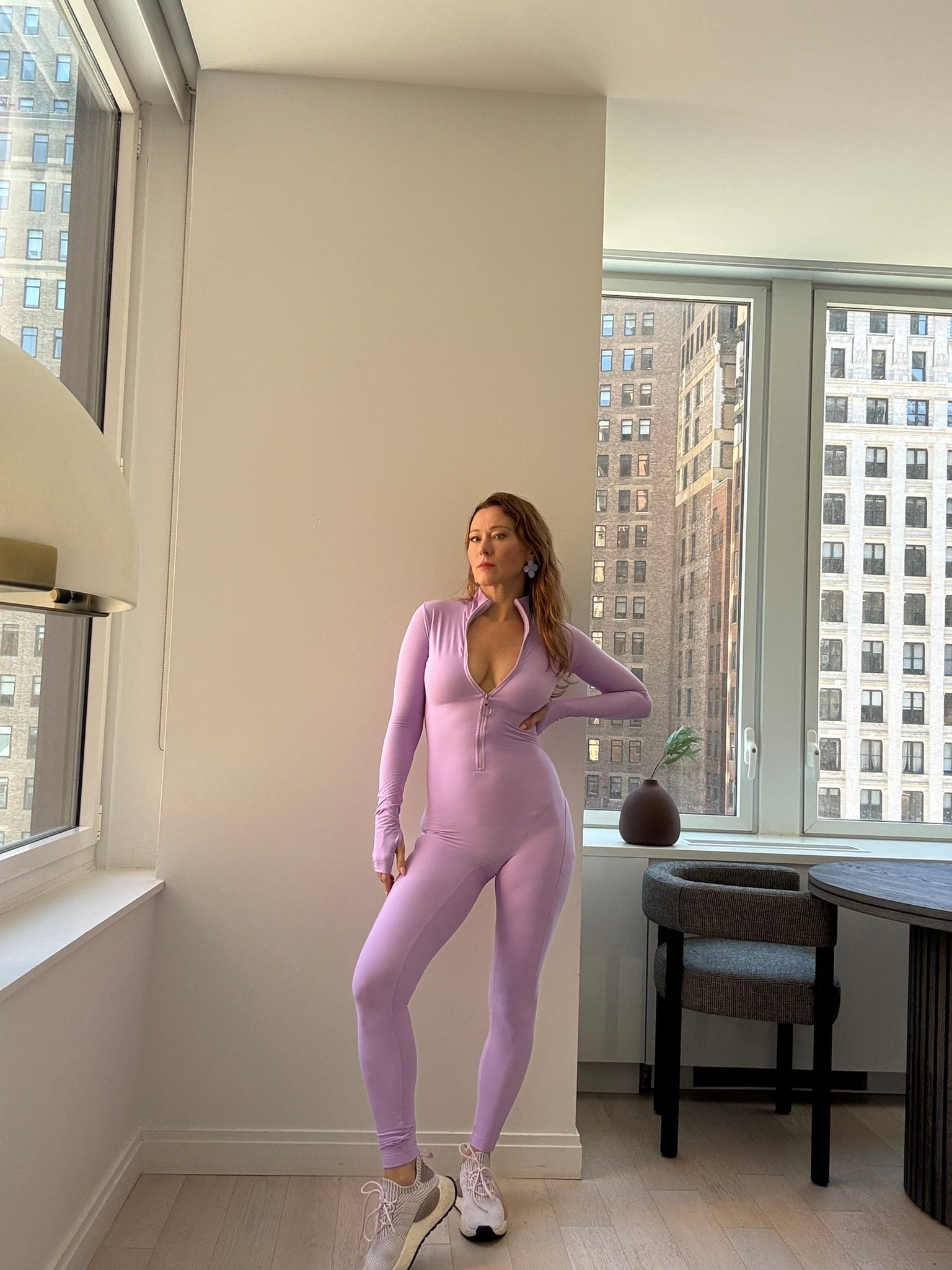 Lavender Long Sleeve Turtleneck Zip Up Full Bodysuit Total Zipper