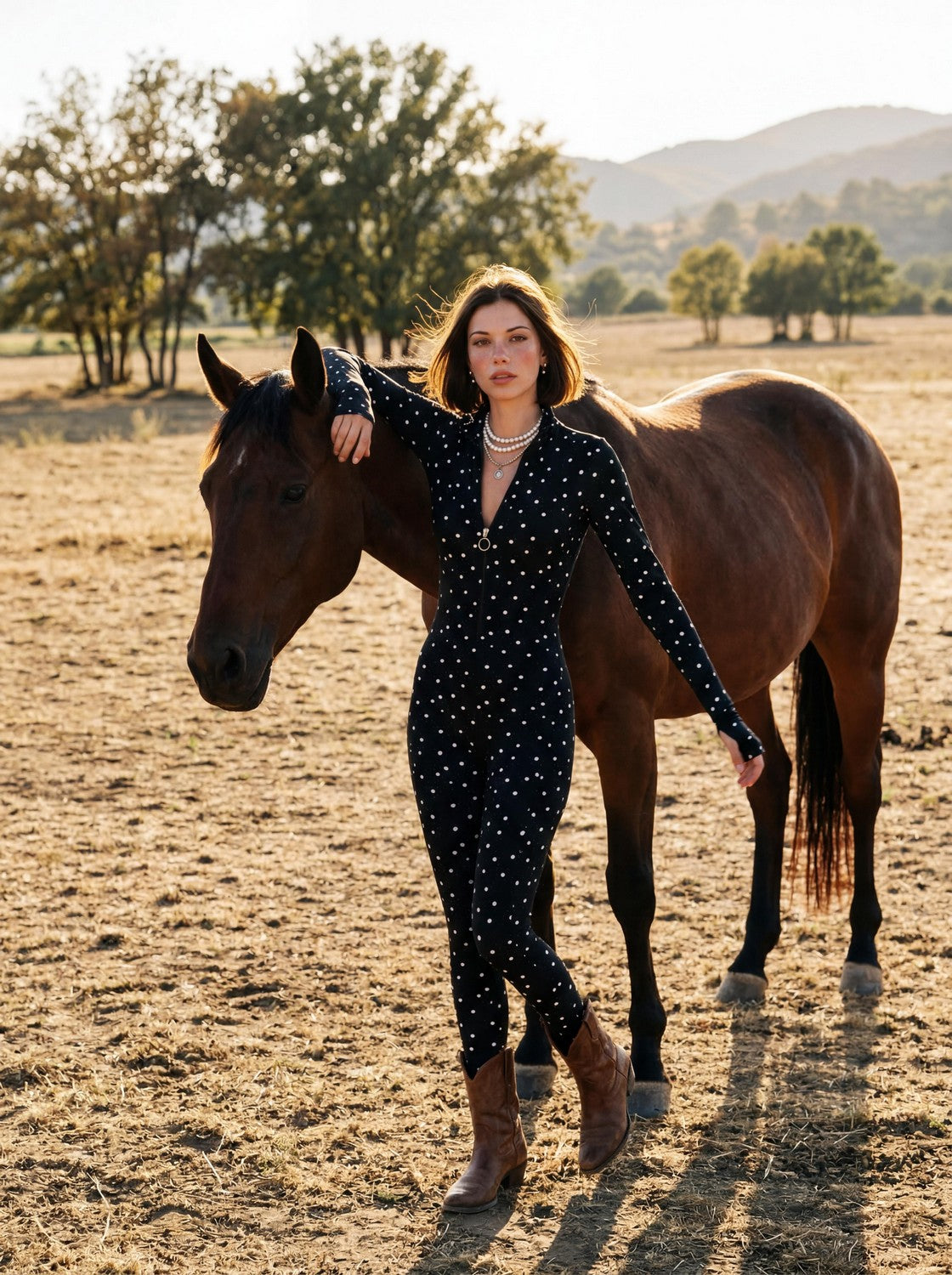 Dots Black Long Sleeve High Neck Full Bodysuit Total Zipper