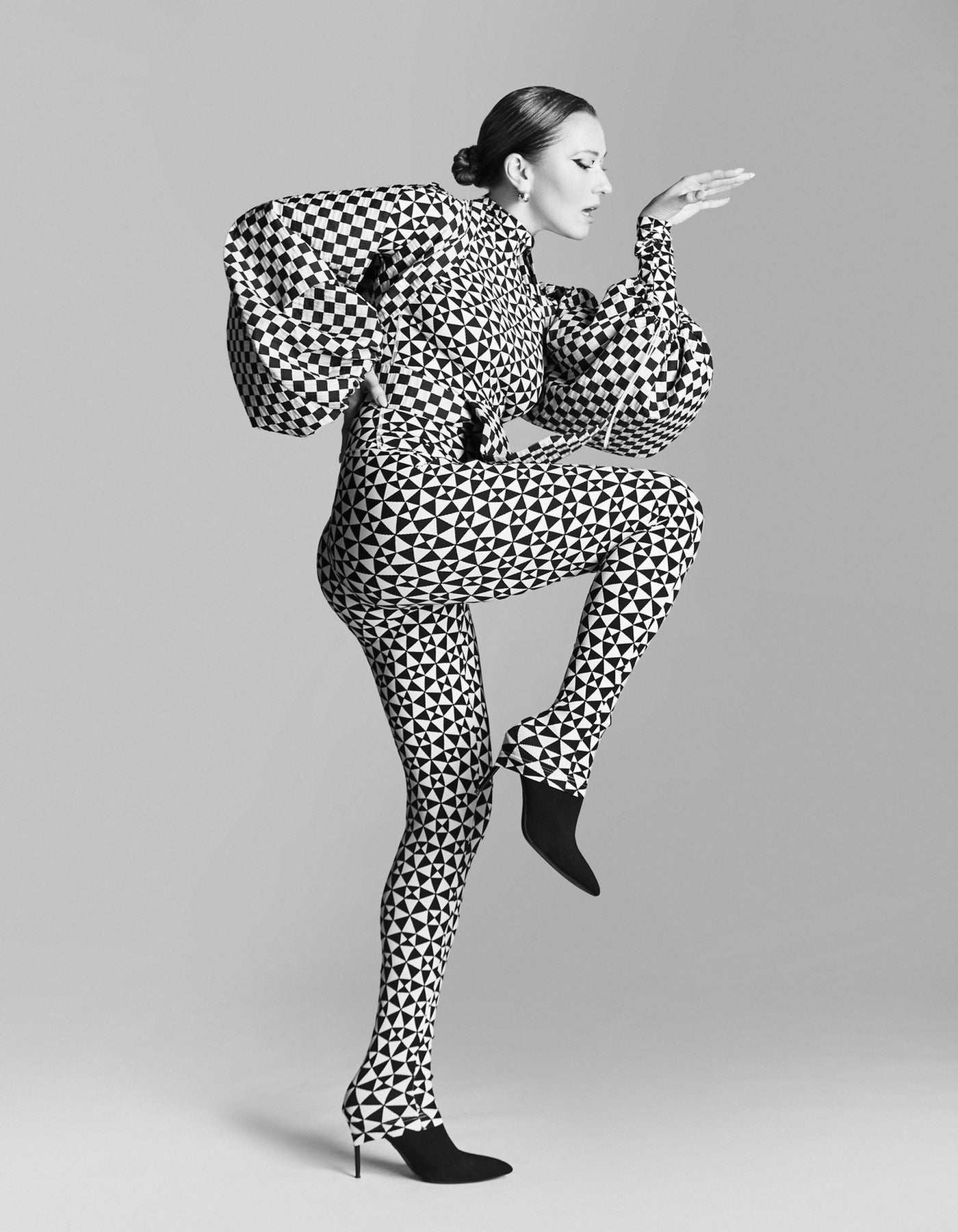 Illusion Long Sleeve High Neck Full Bodysuit Total Black & White