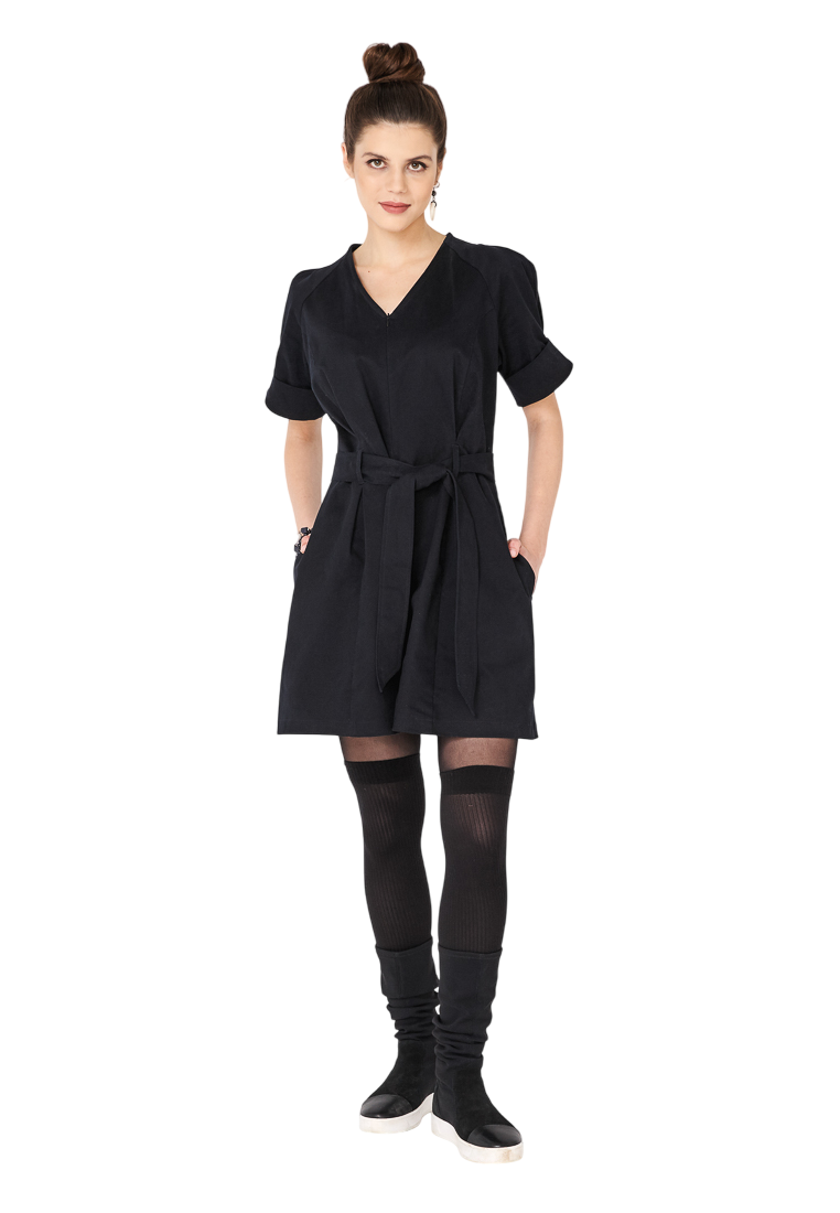 Navy Short Sleeve Cotton V-Neck Tie-Waist Short Casual Jumpsuit ANGELA