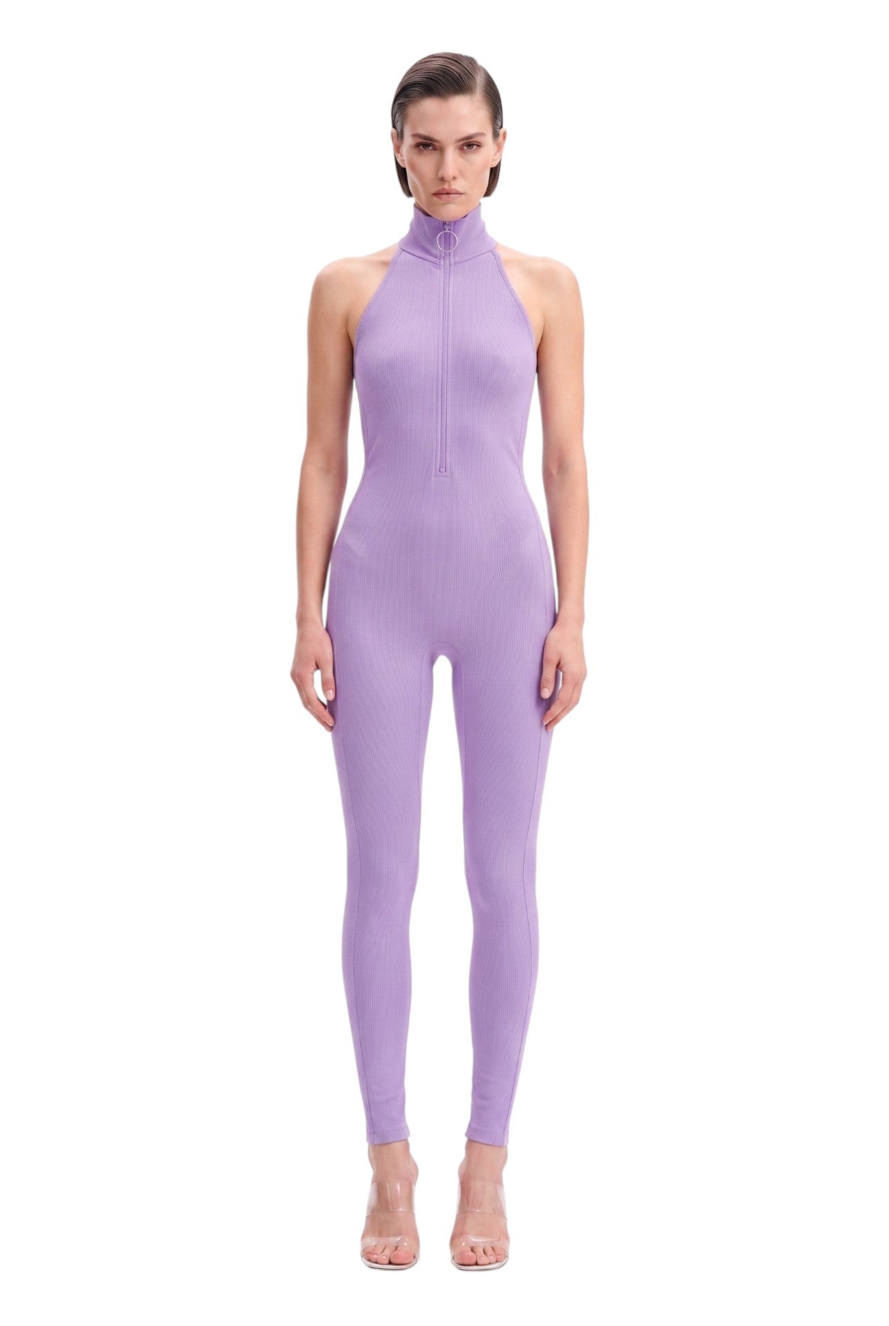 Lavender Sleeveless High Neck Zip Up Bodysuit Americana