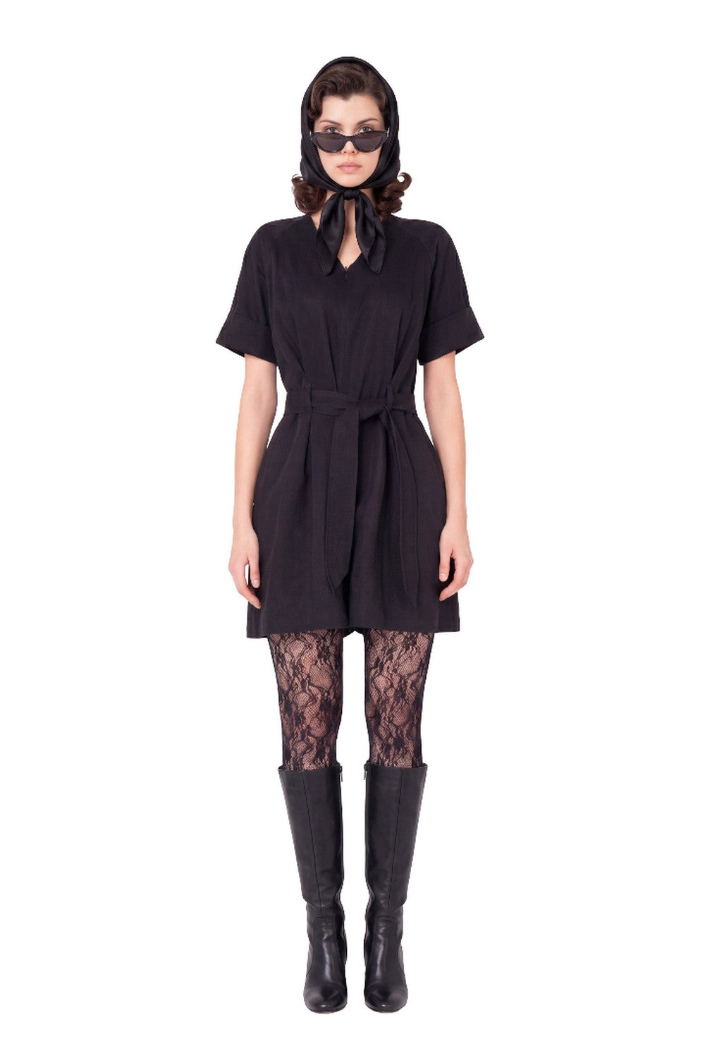 Navy Short Sleeve Cotton V-Neck Tie-Waist Short Casual Jumpsuit ANGELA