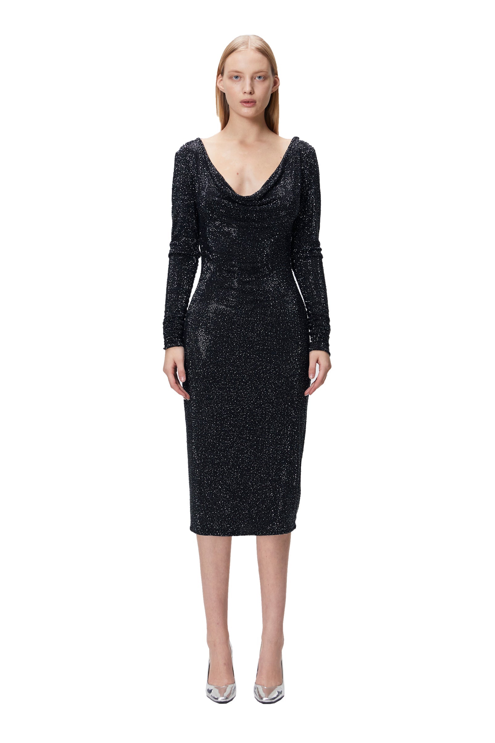 Midi Bodycon DRESS STARRY Black with Low Neckline L / Black Midi Bodycon DRESS STARRY Black with Low Neckline L / Black