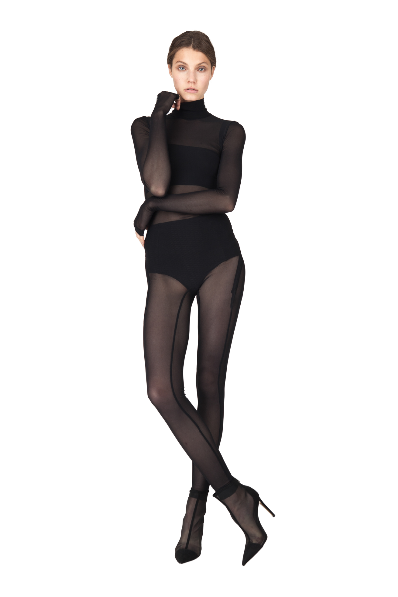 Black Mesh Long Sleeve Turtleneck Full Bodysuit MONOSUIT