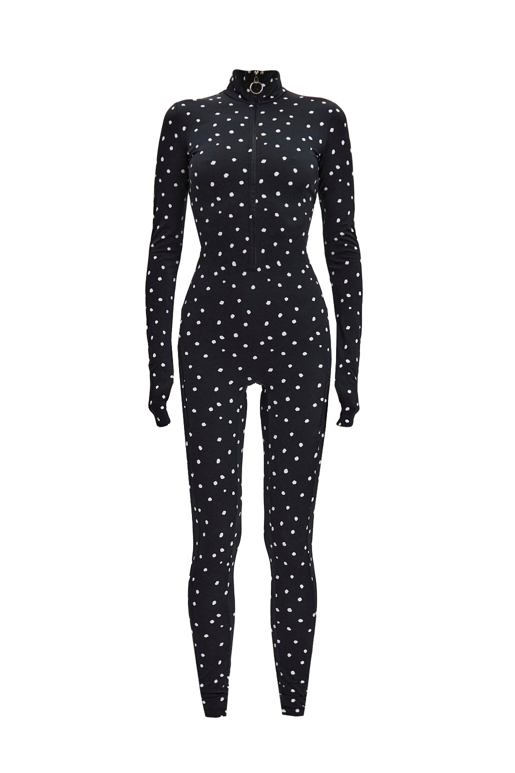 Dots Black Long Sleeve High Neck Full Bodysuit Total Zipper
