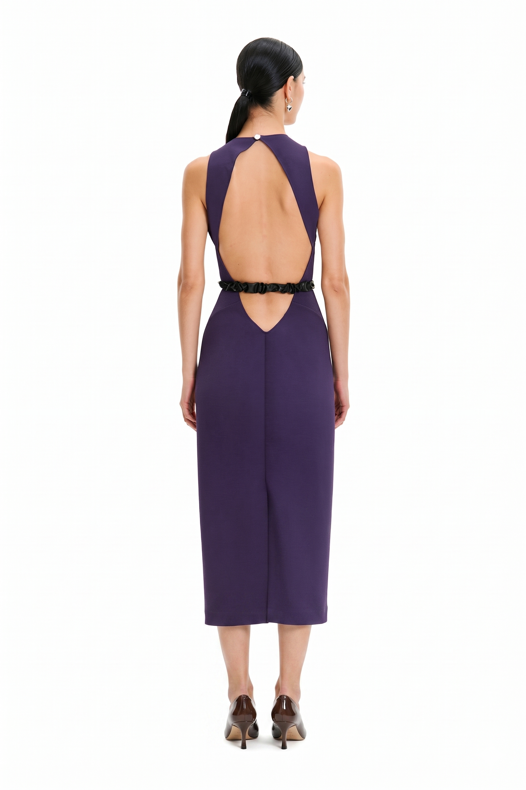 Purple Sleeveless Crew Neck Backless Lace Belted Bodycon Evening Midi Dress