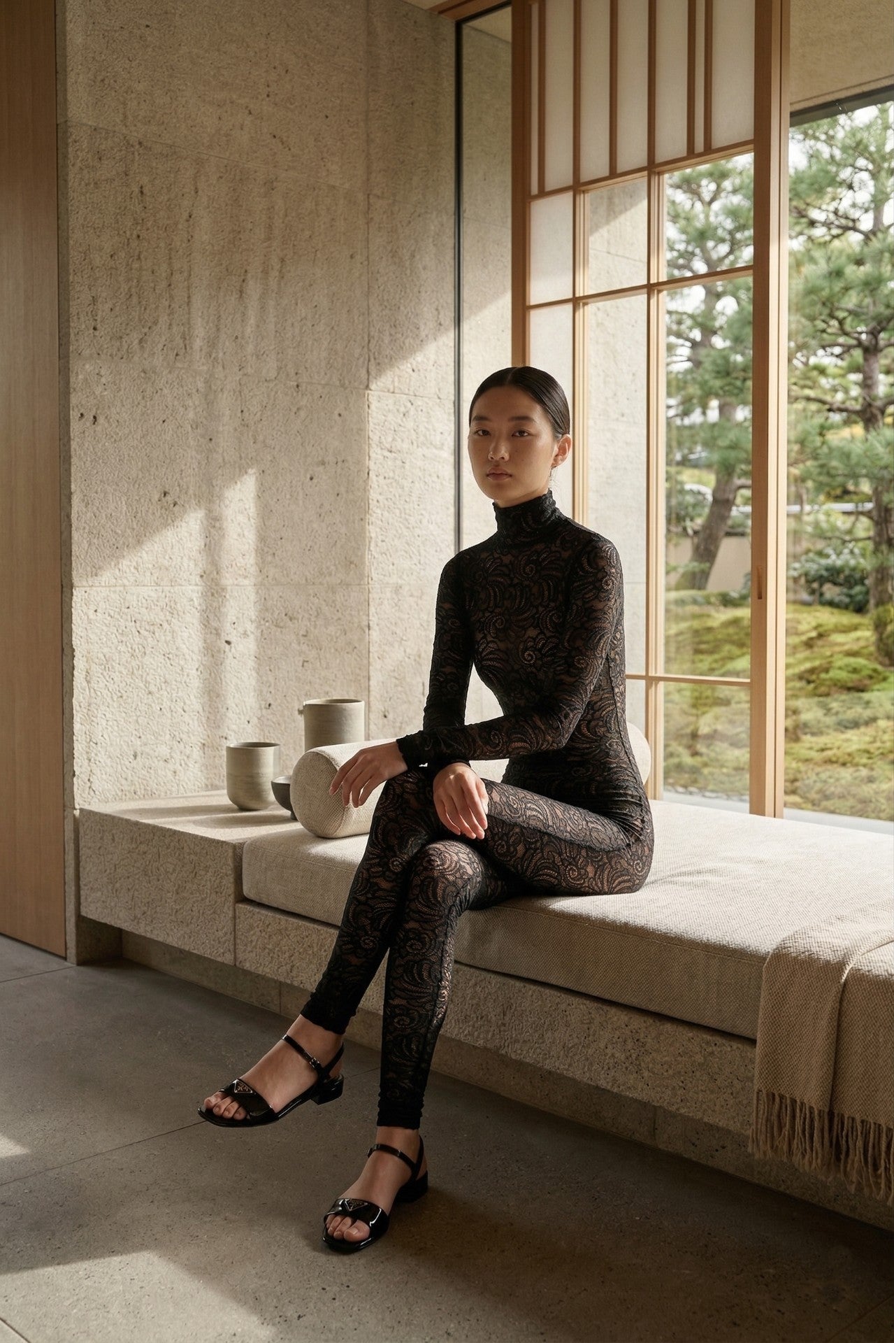 Black Floral Lace Long Sleeve Turtleneck Full Bodysuit