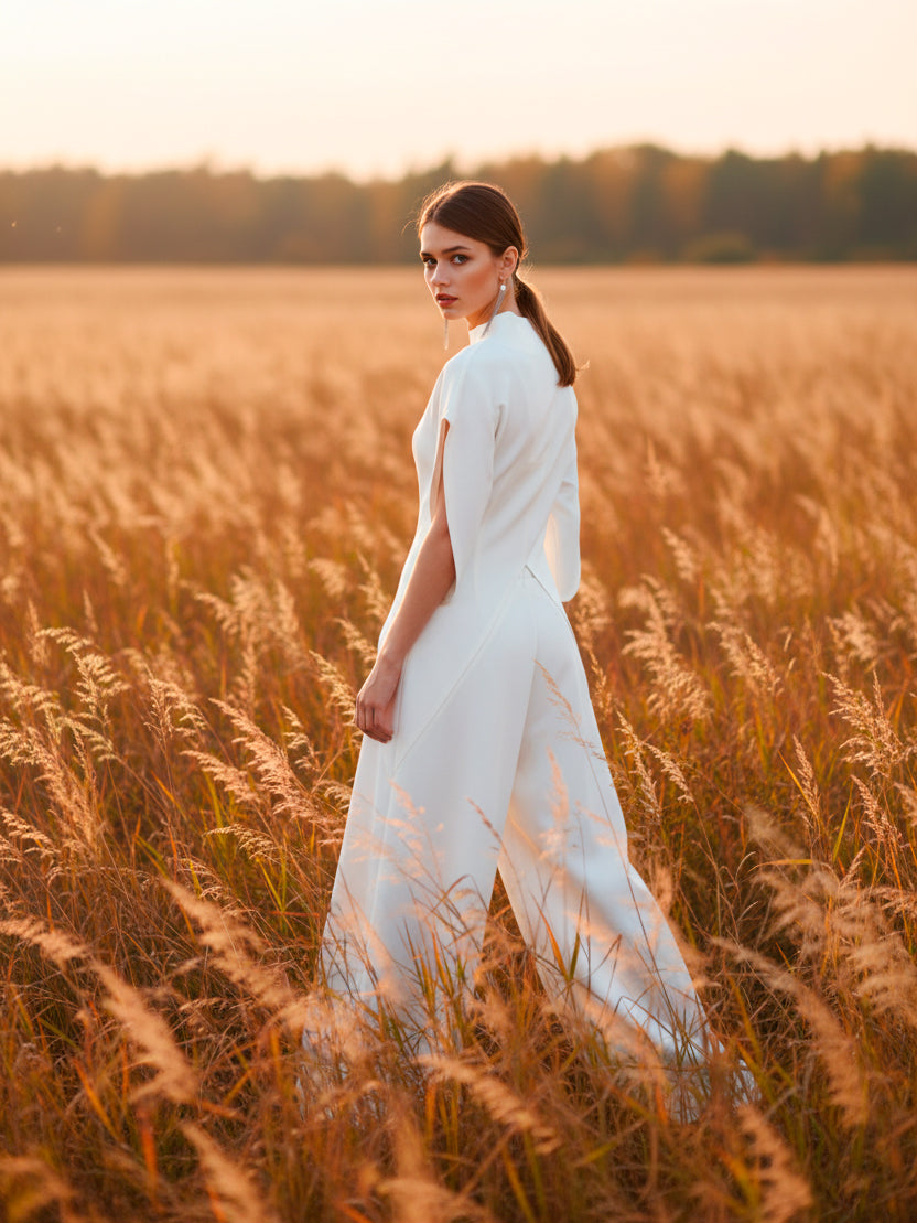 Woman in a white dress standing in a field of tall grass during sunset.