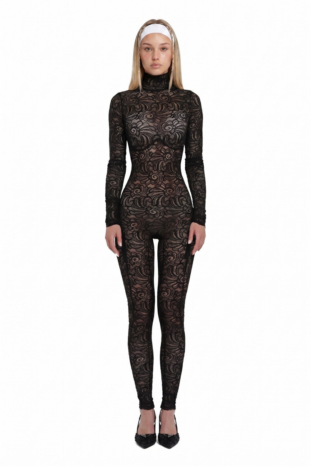 Black Floral Lace Long Sleeve Turtleneck Full Bodysuit