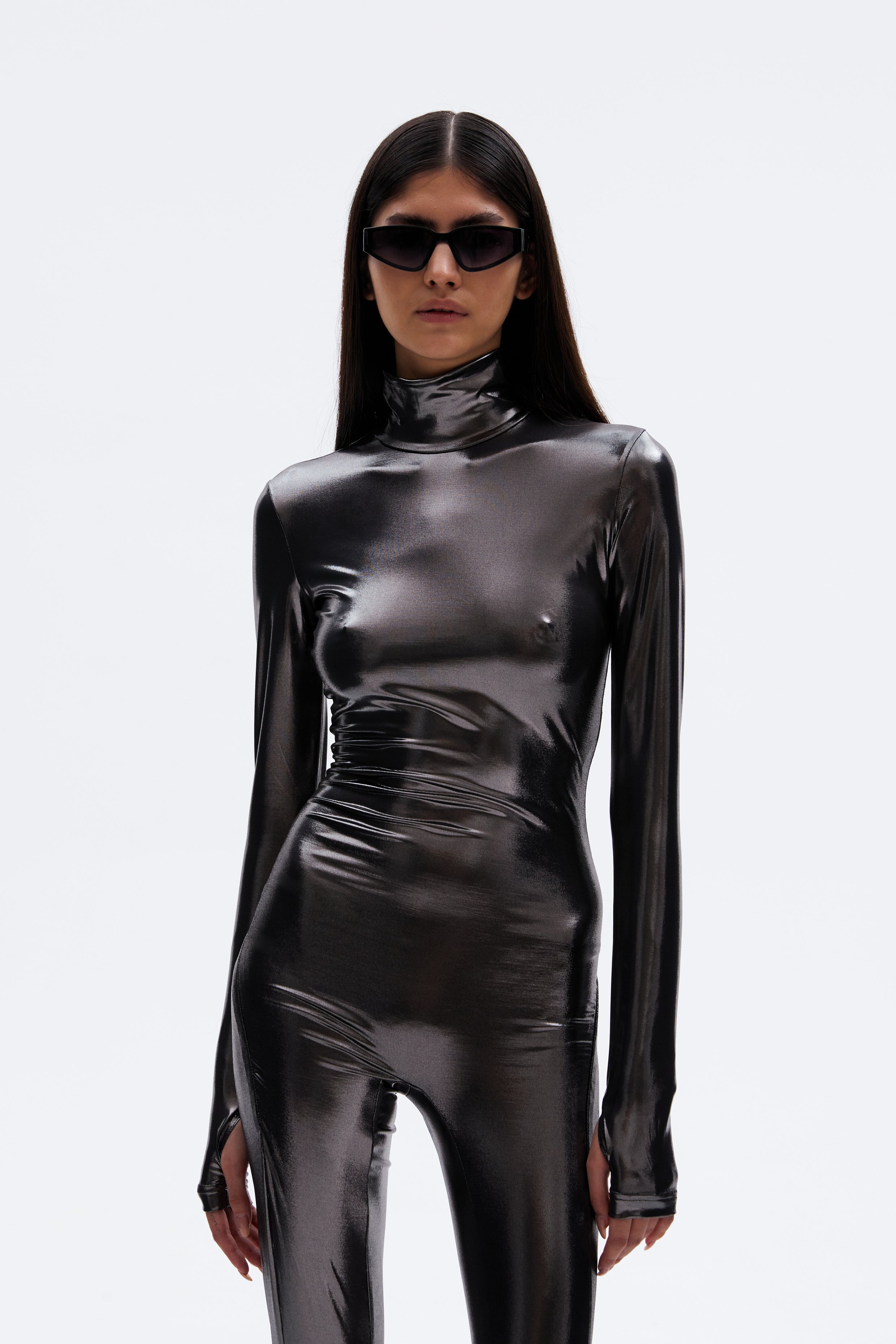 Silver Metallic Long Sleeve Turtleneck Full Bodysuit