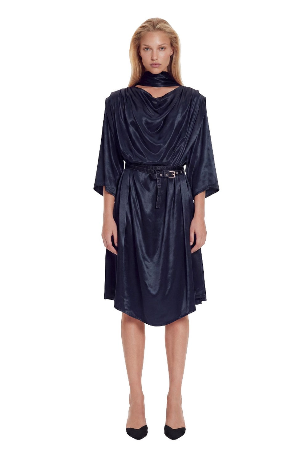 Navy 3/4 Sleeve High Neck Cut-Out Draped Belted Satin Loose Fit Casual Midi Dress