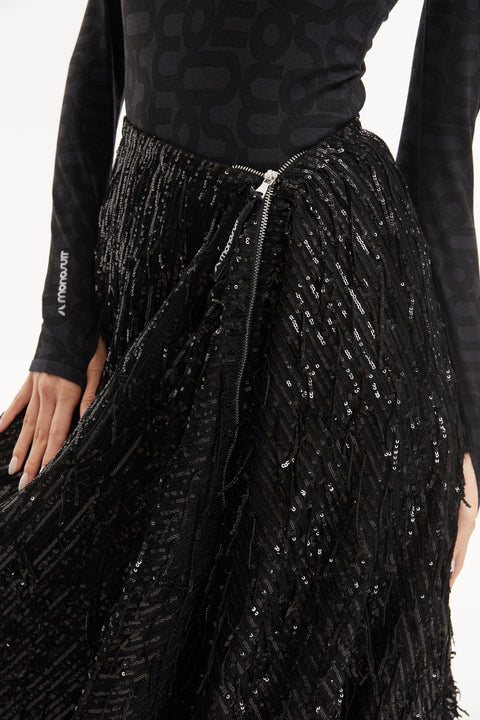 PONCHO-SKIRT WING FRINGE black paillettes - S-L / Black -