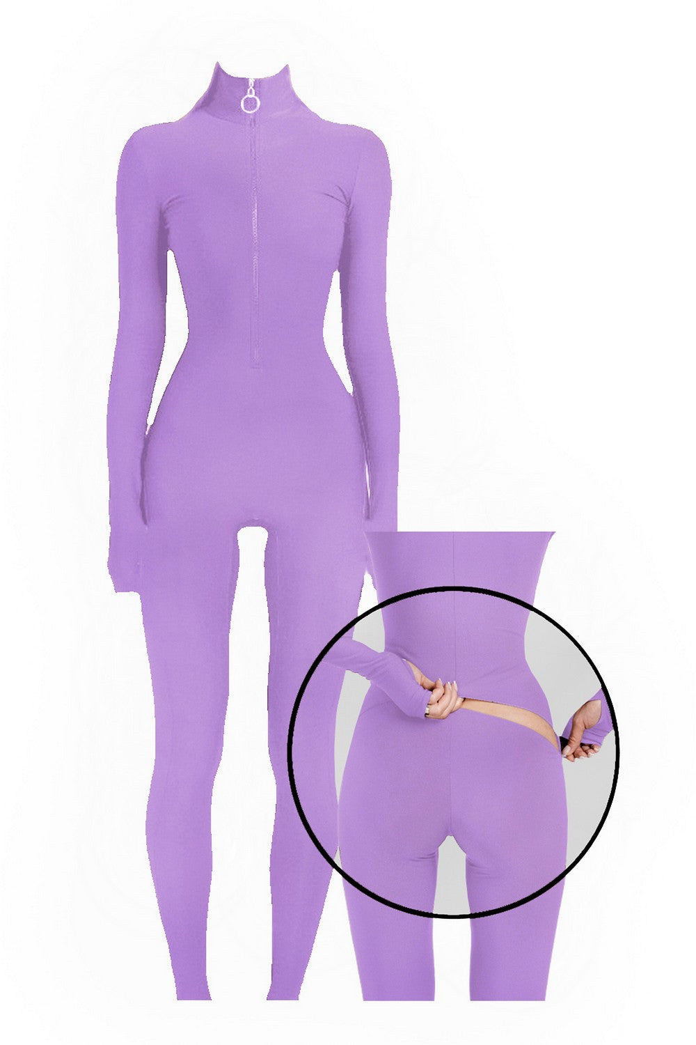 Lavender Long Sleeve Turtleneck Zip Up Full Bodysuit Total Zipper
