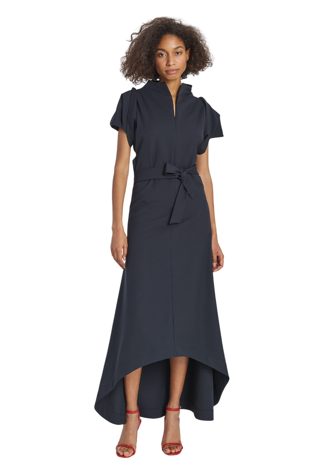 Gray Kimono Sleeve High Neck Asymmetrical Belted Futuristic Maxi Dress Lea