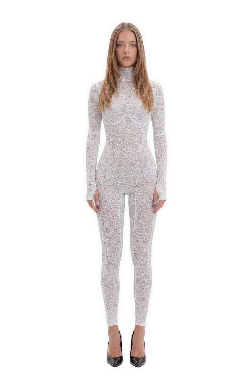 White Floral Lace Sheer Long Sleeve Turtleneck Full Bodysuit