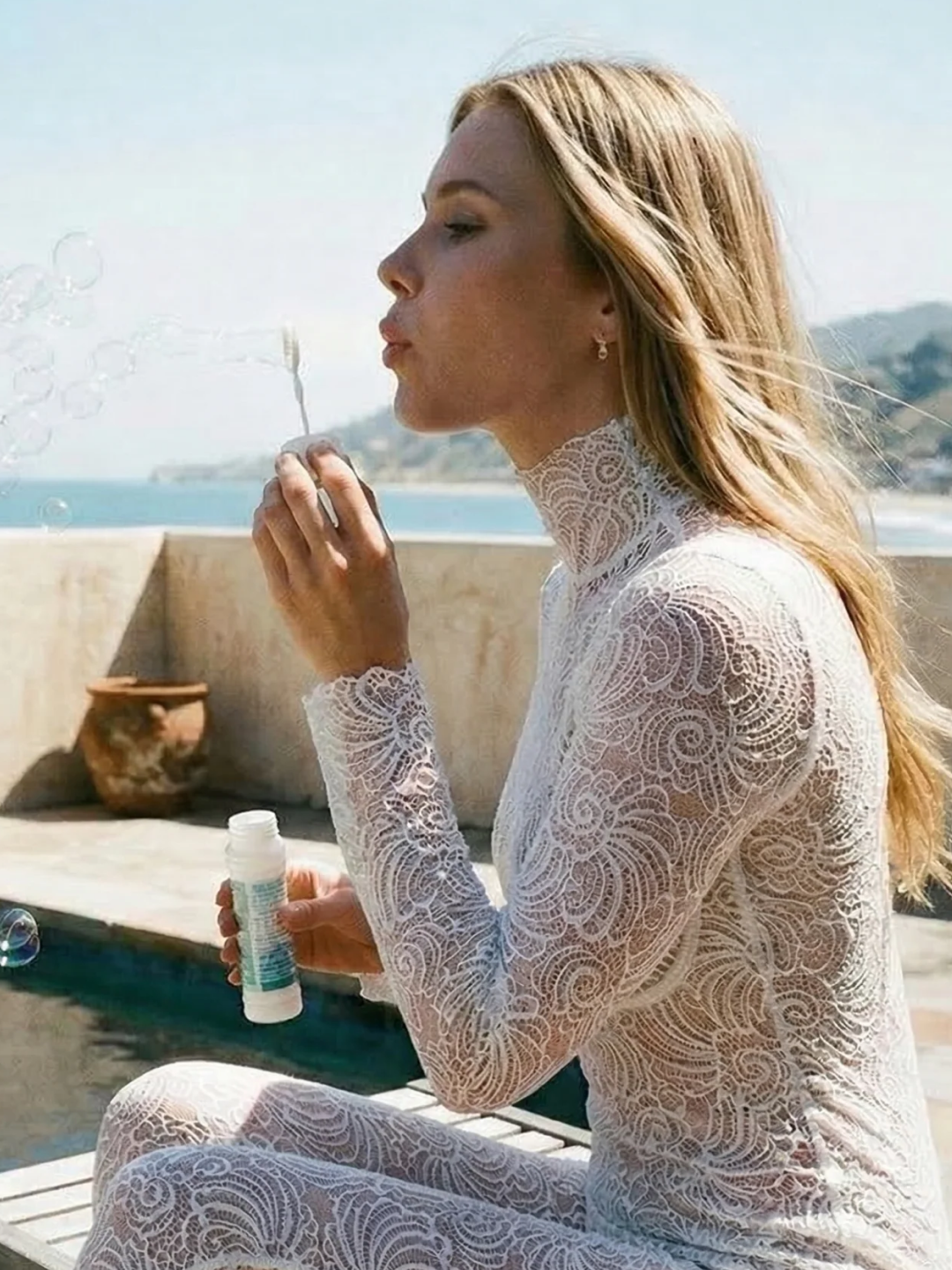 White Floral Lace Sheer Long Sleeve Turtleneck Full Bodysuit