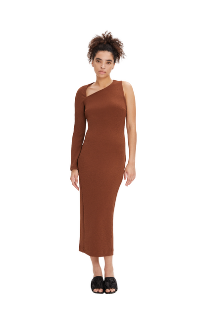 Brown One Sleeve Asymmetric Neck Bodycon Evening Minimalist Midi Dress
