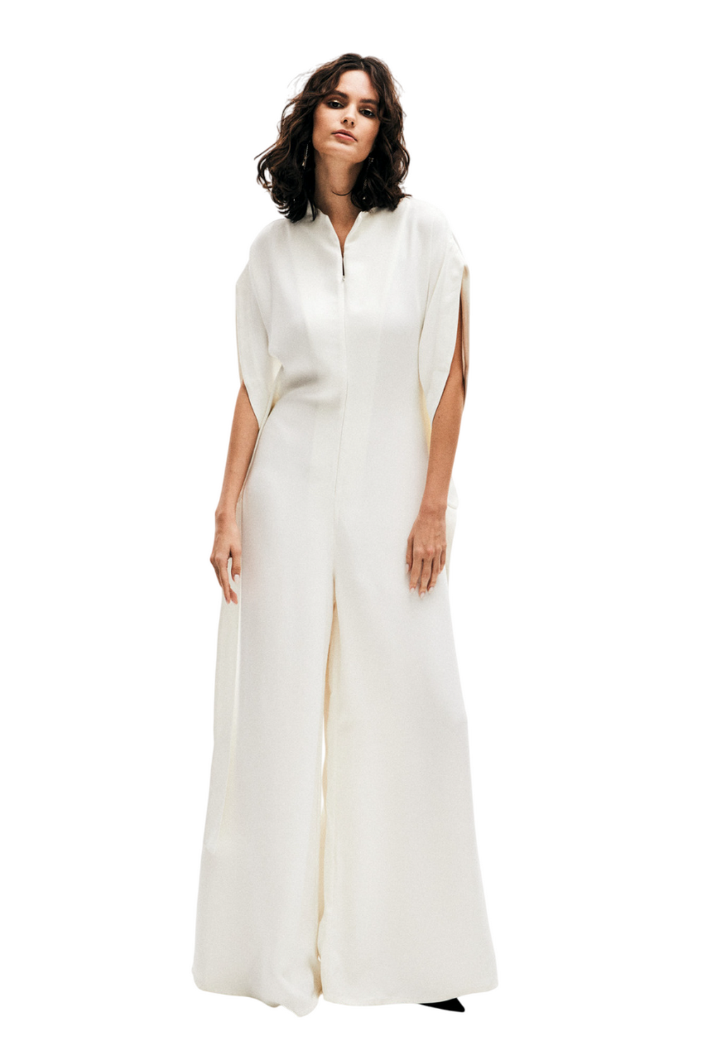 Ivory Short Sleeve High Neck Wide-Leg Japanese Kimono Jumpsuit LEA