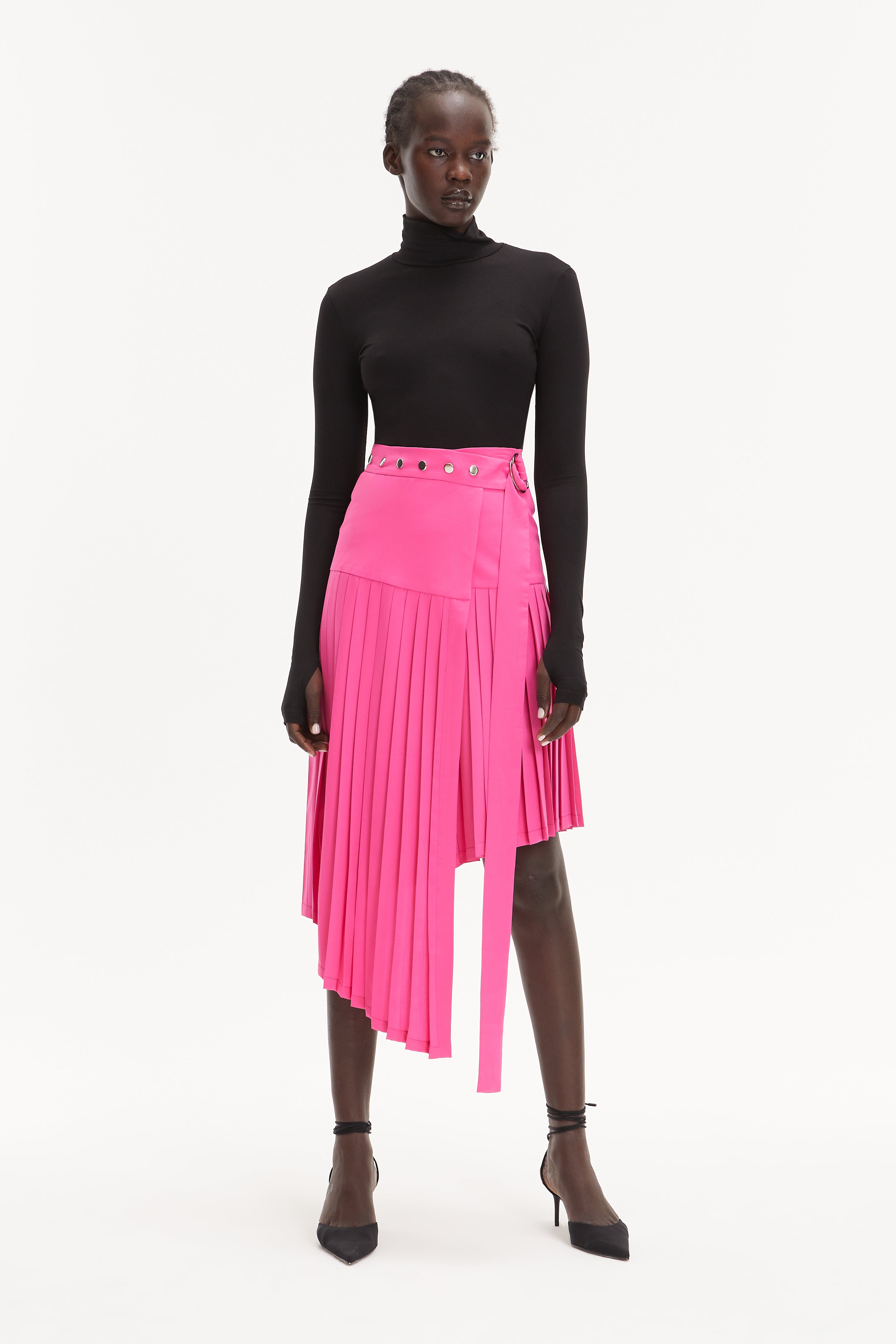 Pink Midi High-Waist Asymmetrical Pleated Skirt
