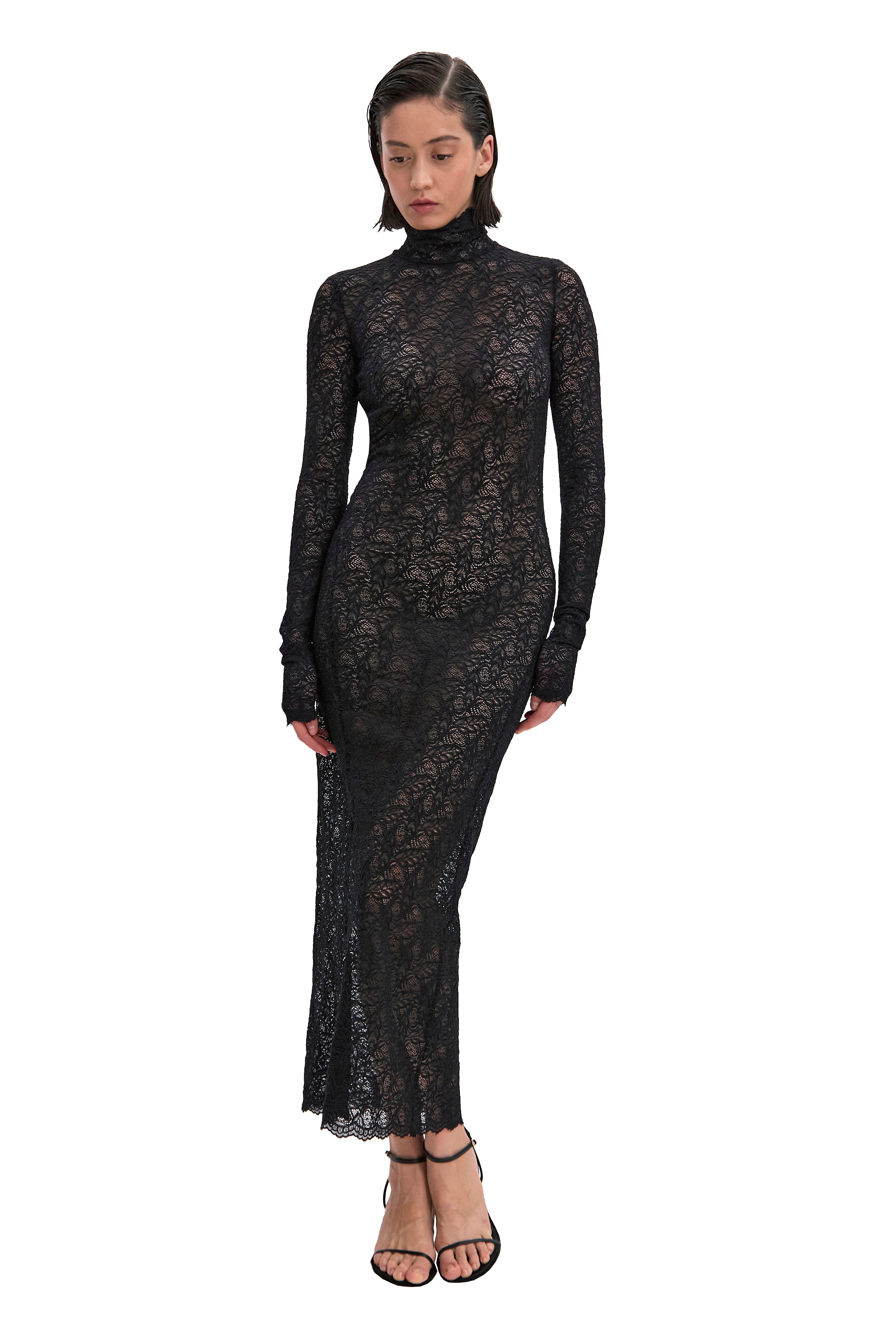 Backless Black Lace Long Sleeve Turtleneck Dress Seduction