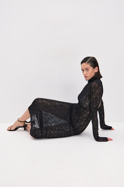appetite for seduction black lace long sleeve dress Black Illusion Lace Top Long Sleeves A Line Long Prom Dress, Black / L