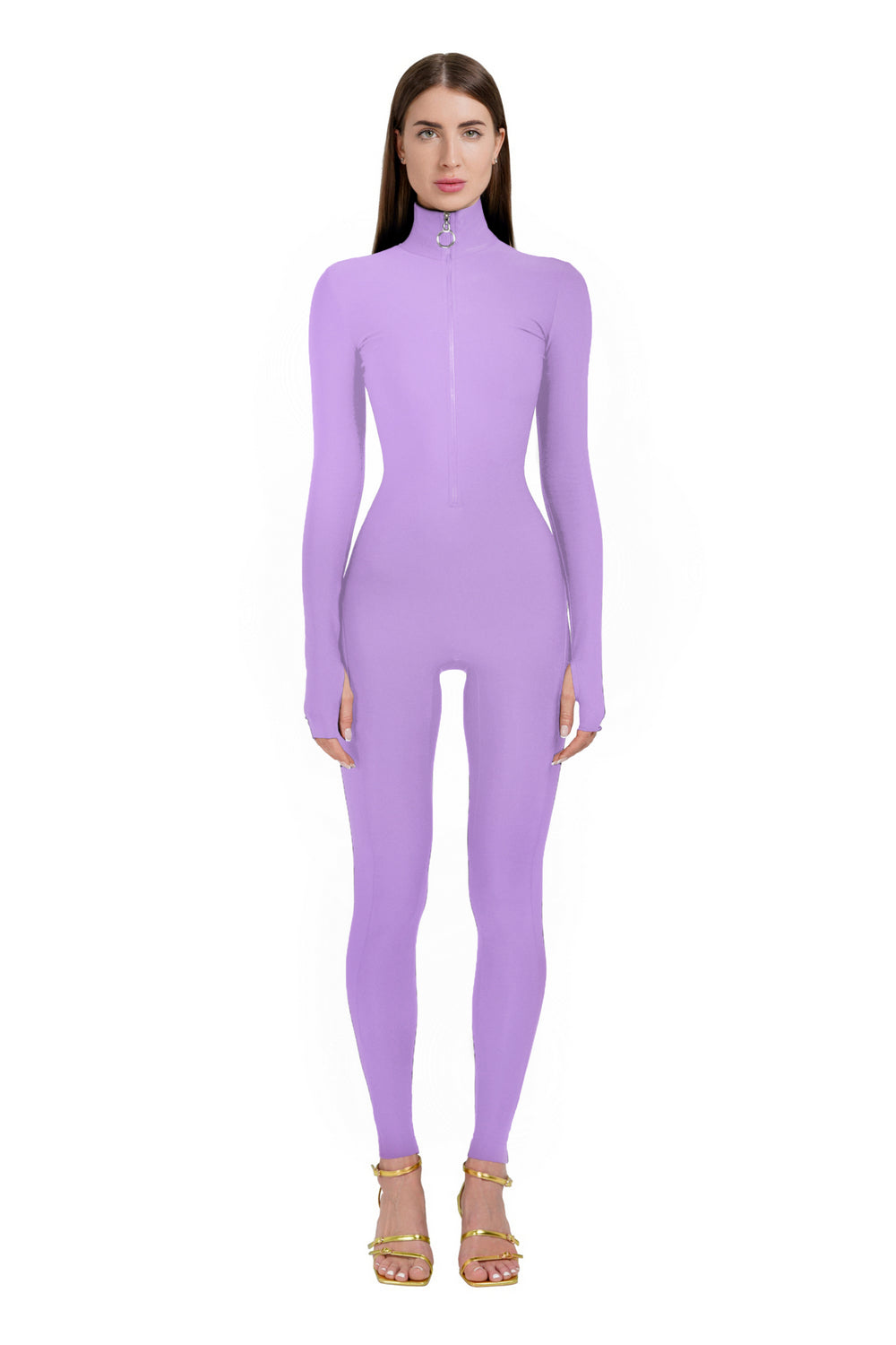 Lavender Long Sleeve Turtleneck Zip Up Full Bodysuit Total Zipper