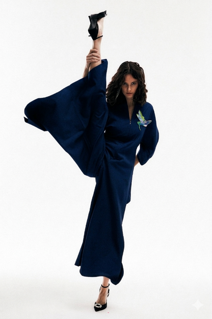Navy Blue Short Sleeve High Neck Plus Size Japanese Kimono Jumpsuit LEA