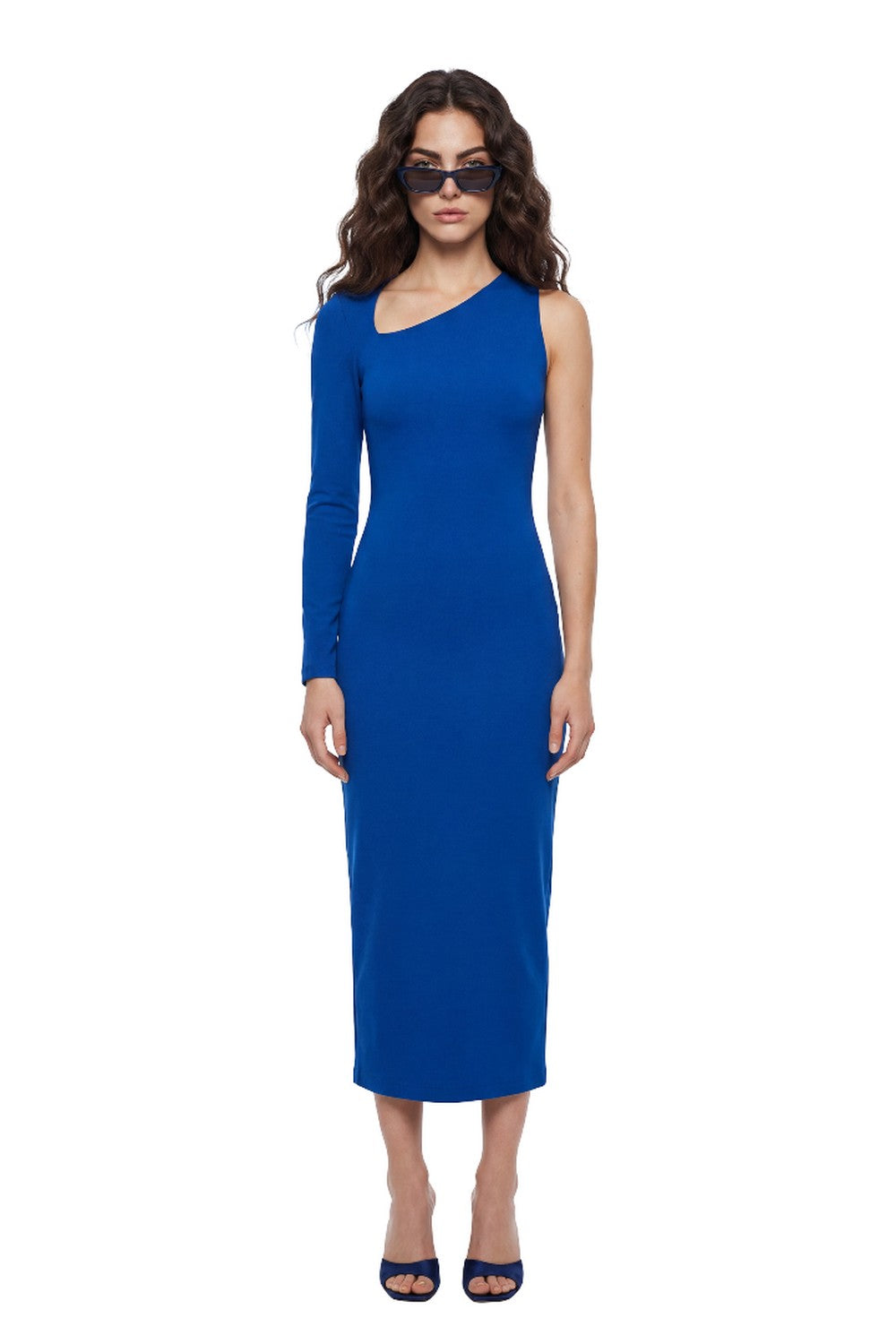 Blue One Sleeve Asymmetric Neck Bodycon Evening Minimalist Midi Dress