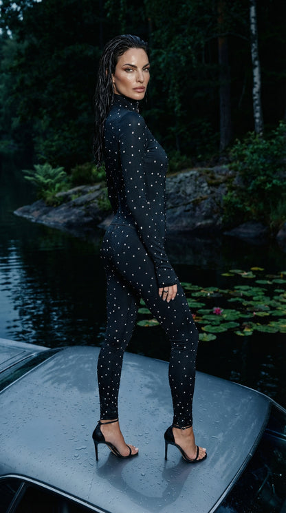 Dots Black Long Sleeve High Neck Full Bodysuit Total Zipper