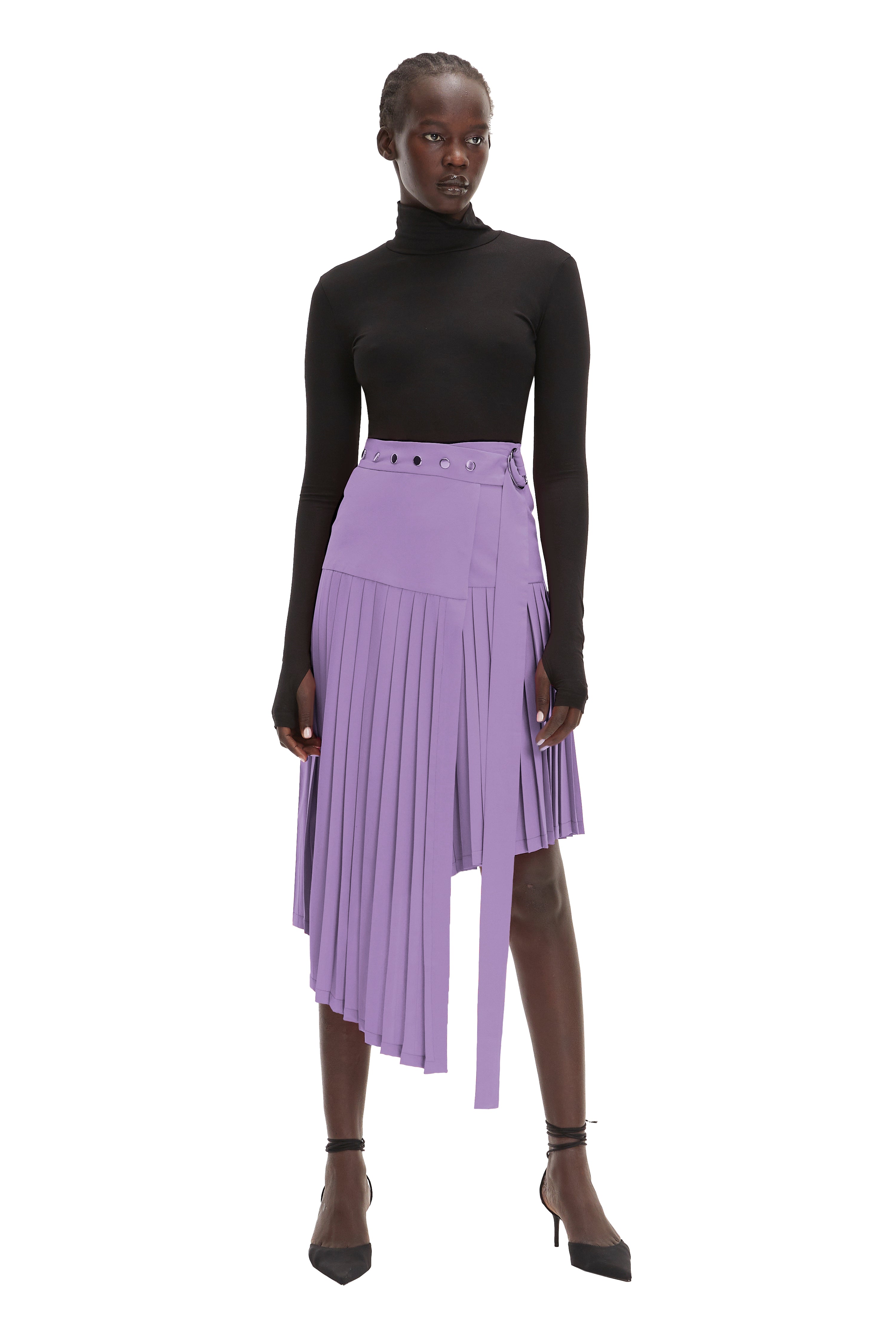 Lavender Midi High-Waist Asymmetrical Pleated Skirt