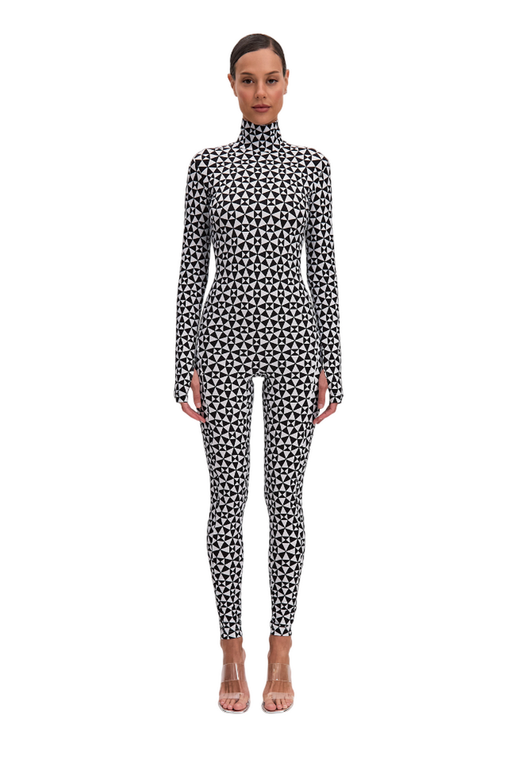 Illusion Long Sleeve High Neck Full Bodysuit Total Black & White