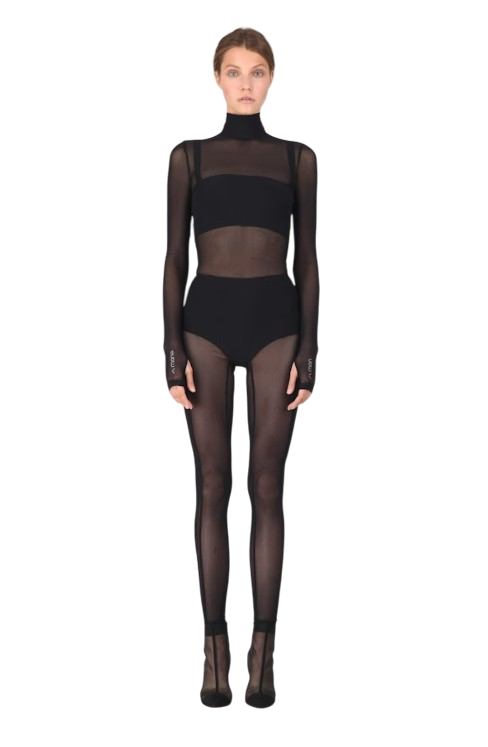 Black Mesh Long Sleeve Turtleneck Full Bodysuit