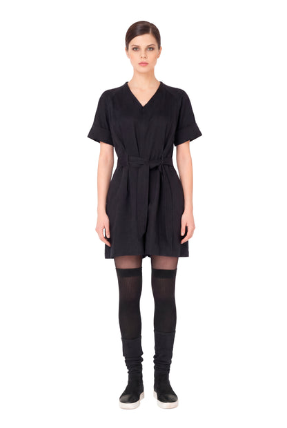 Navy Short Sleeve Cotton V-Neck Tie-Waist Short Casual Jumpsuit ANGELA