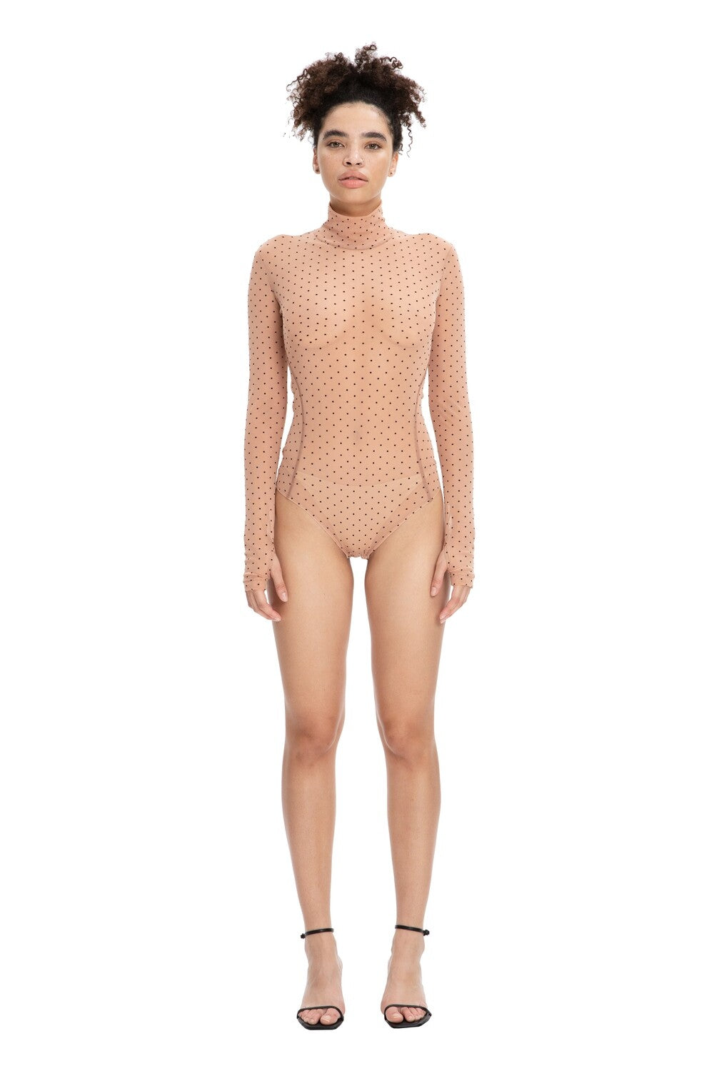 Beige Polka Dot Sheer Long Sleeve Turtleneck Bodysuit