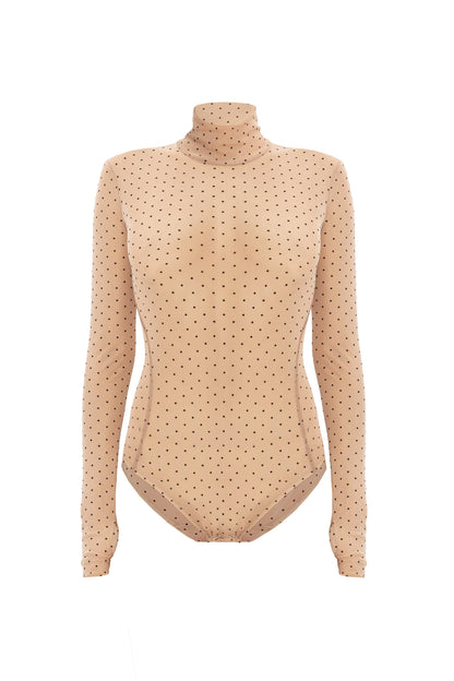 Beige Polka Dot Sheer Long Sleeve Turtleneck Bodysuit