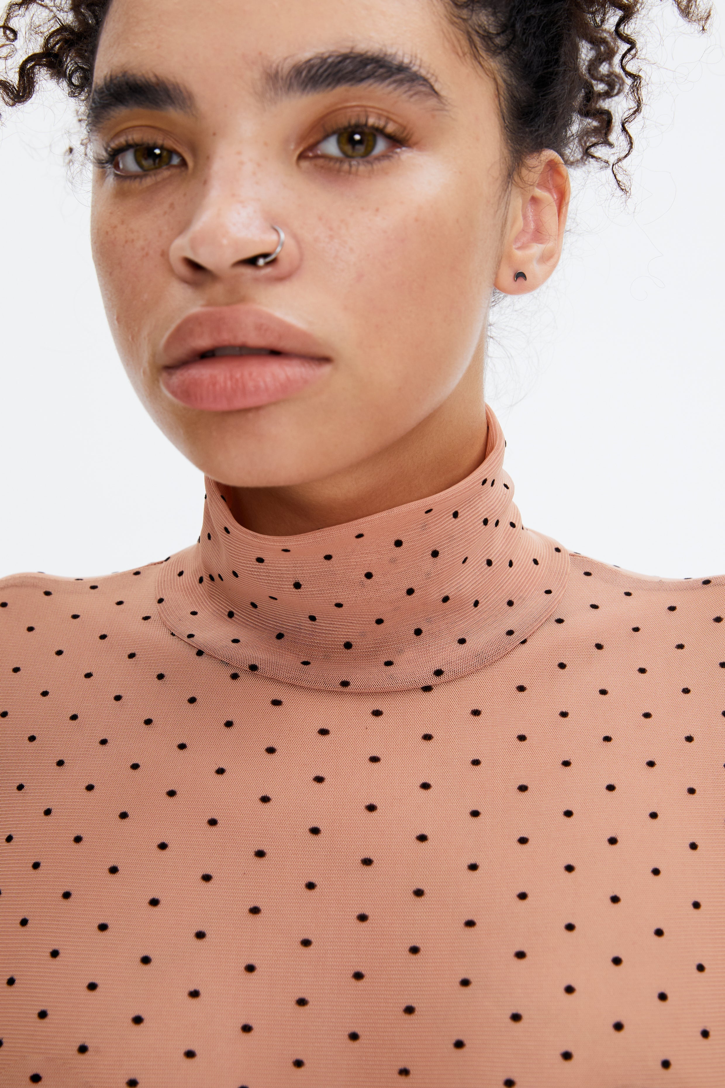 Beige Polka Dot Sheer Long Sleeve Turtleneck Bodysuit