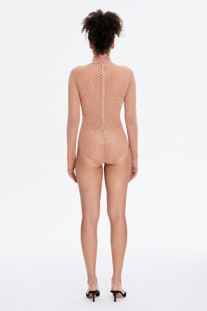 Beige Polka Dot Sheer Long Sleeve Turtleneck Bodysuit