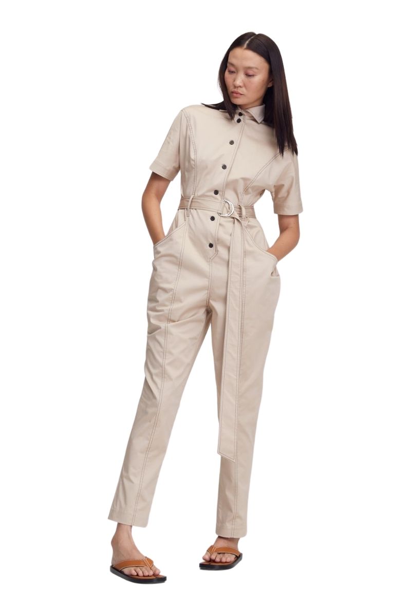 Beige Short Sleeve Collared Belted Full-Length Casual