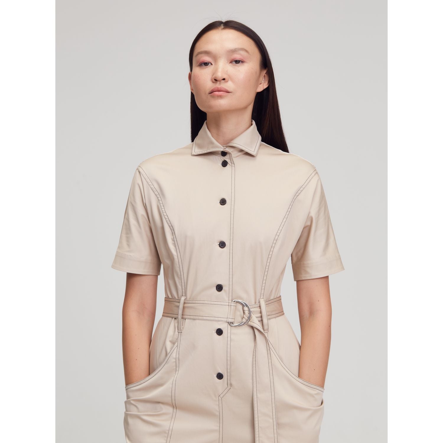 Beige Short Sleeve Collared Belted Full-Length Casual