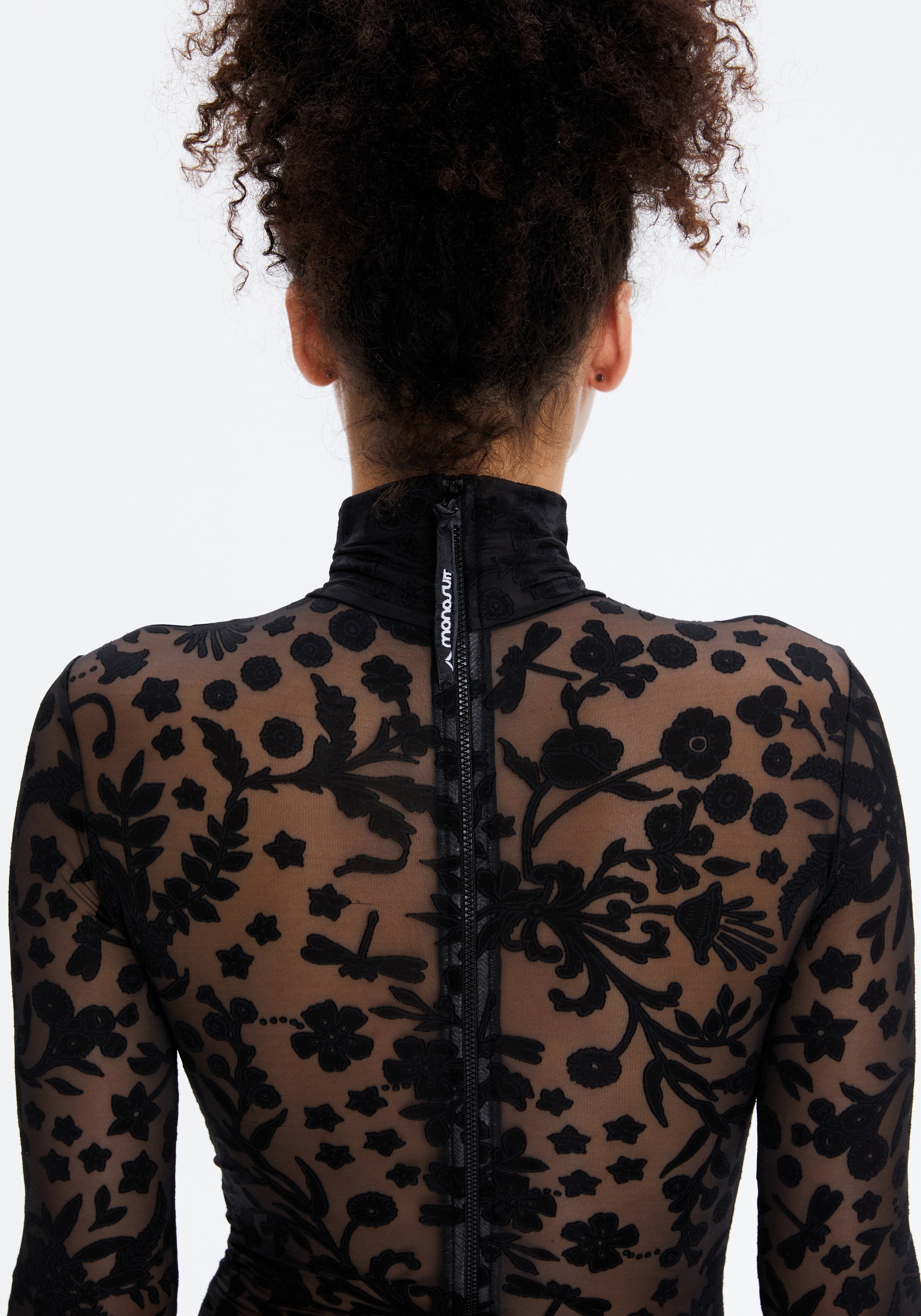 Black Floral Lace Sheer Long Sleeve Turtleneck Bodysuit