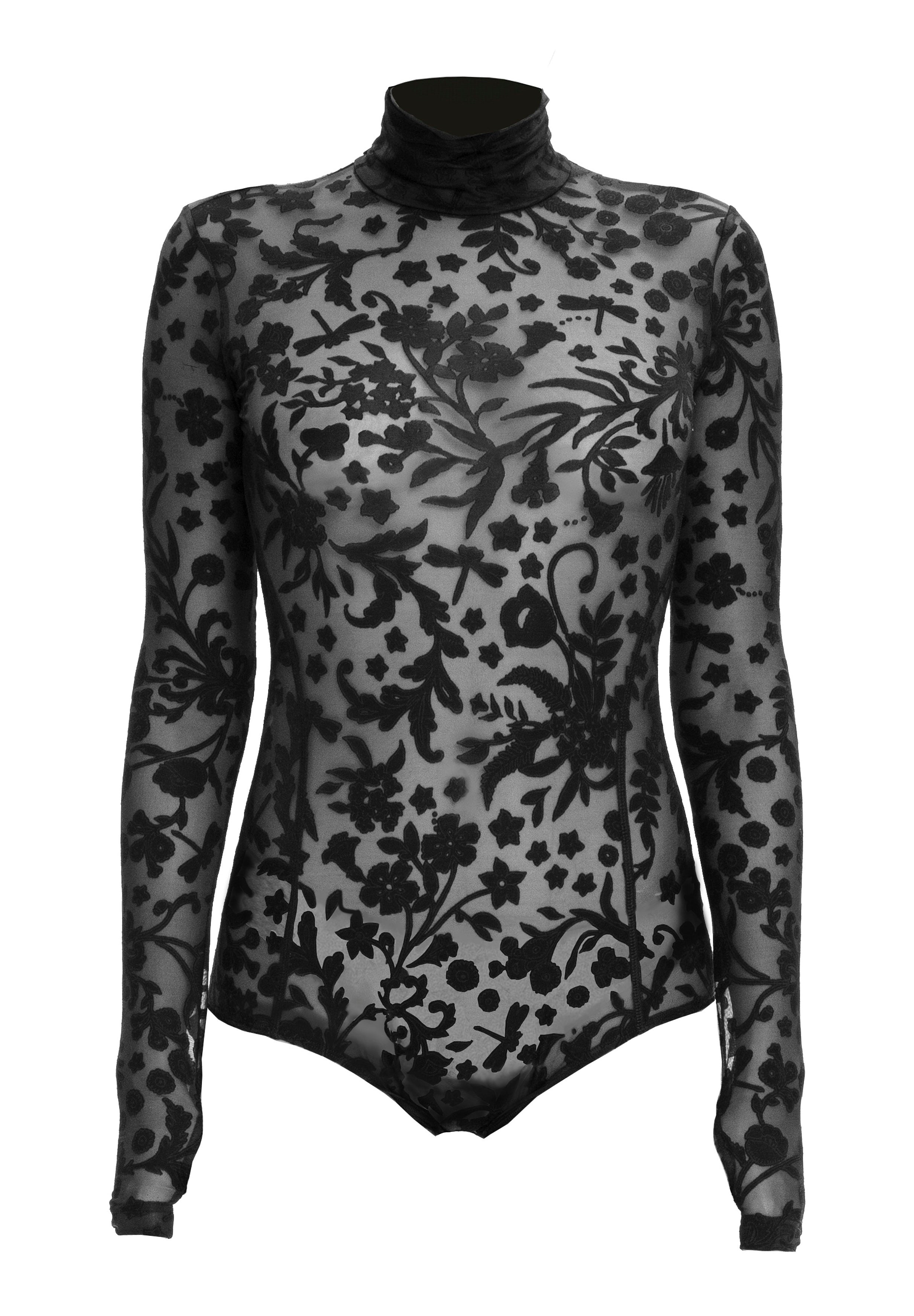 Black Floral Lace Sheer Long Sleeve Turtleneck Bodysuit