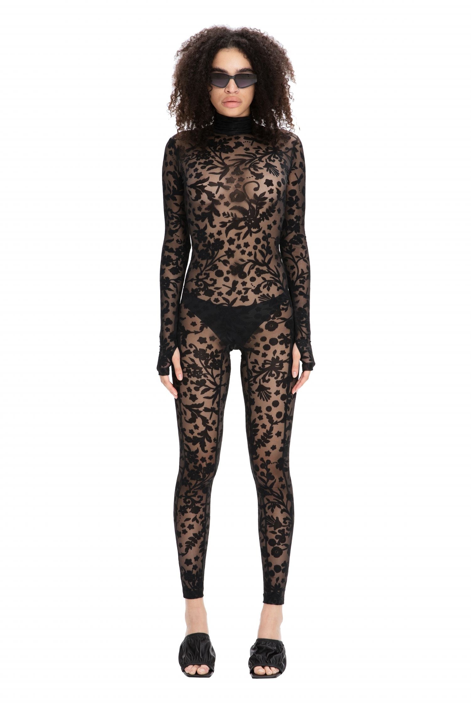 Black Floral Lace Sheer Long Sleeve Turtleneck Full