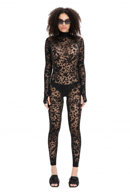 Black Floral Lace Sheer Long Sleeve Turtleneck Full