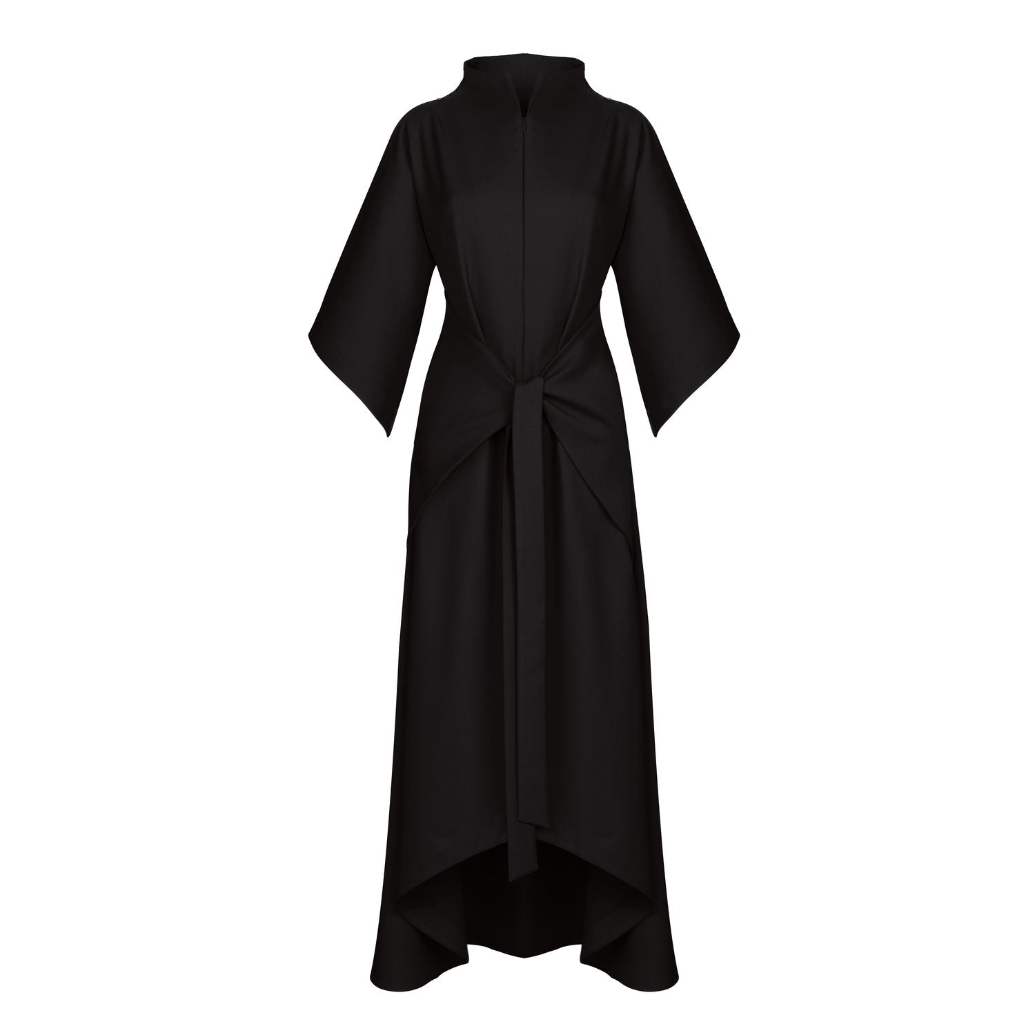 Black Kimono Sleeve High Neck Asymmetrical Belted