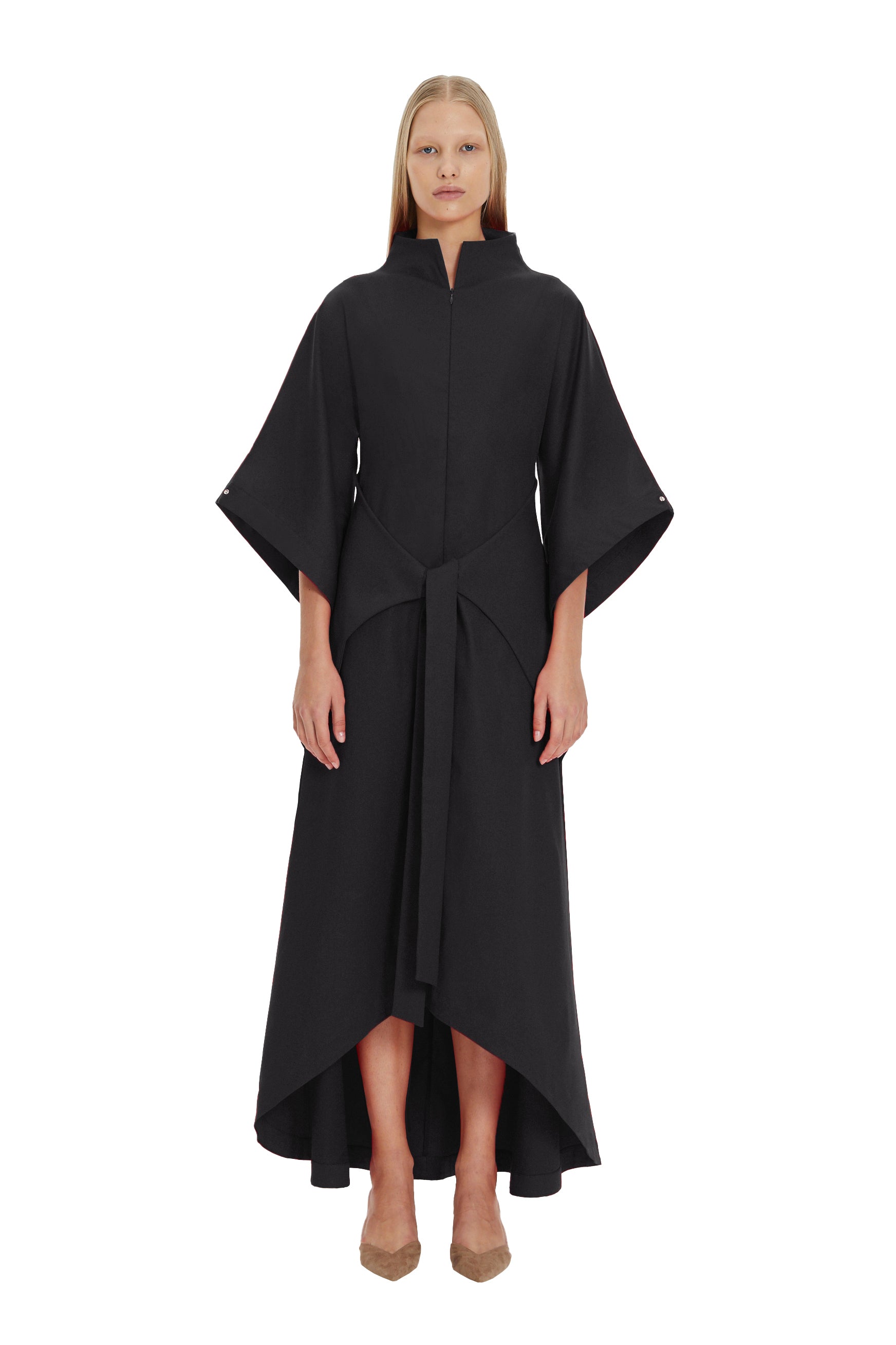 Black Kimono Sleeve High Neck Asymmetrical Belted